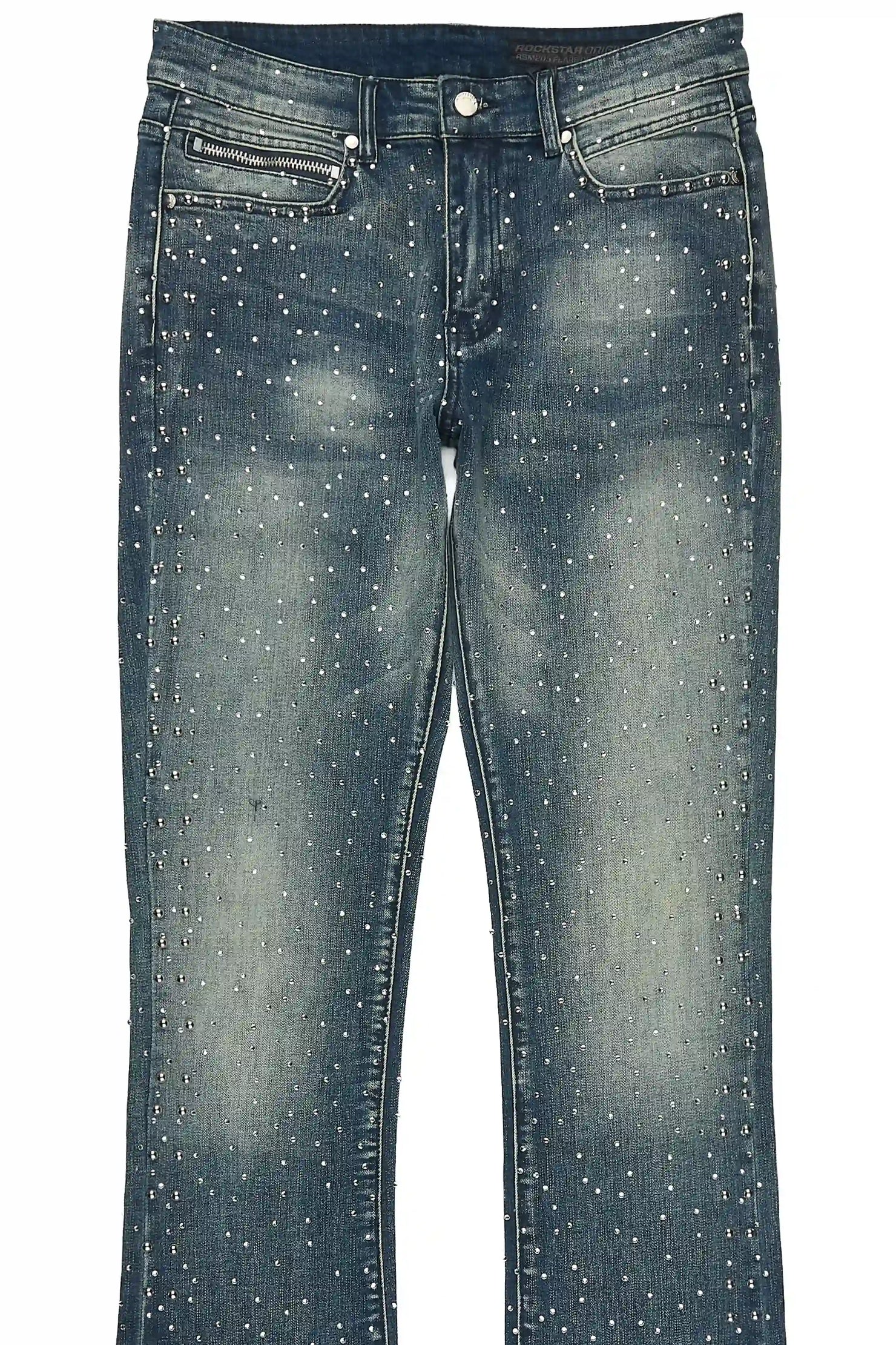Miller Dark Blue Rhinestone Studded Stacked Flare Jean