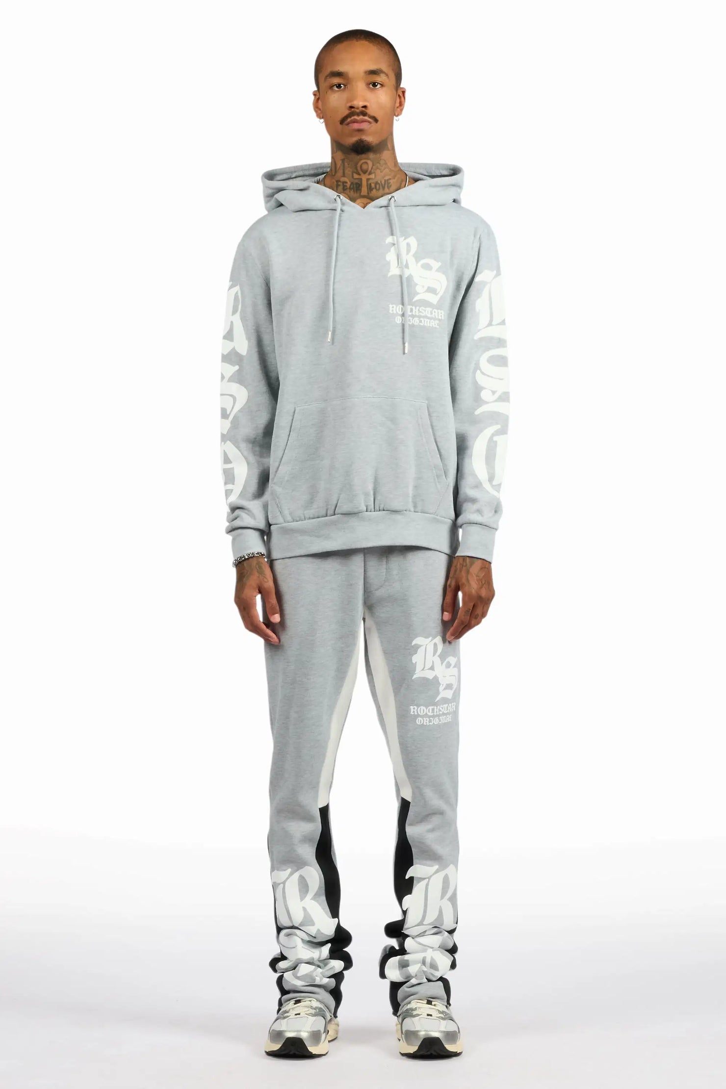Hedeon Heather Grey/White Hoodie/Stacked Flare Track Set