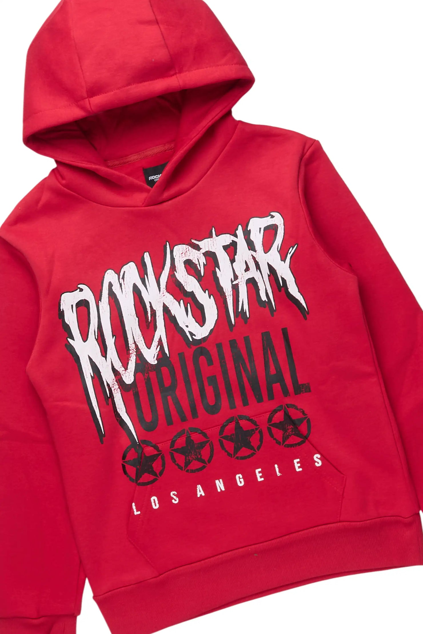 Boys Wizzurd Red Hoodie & Laban Blue Bleach Stacked Jean Set
