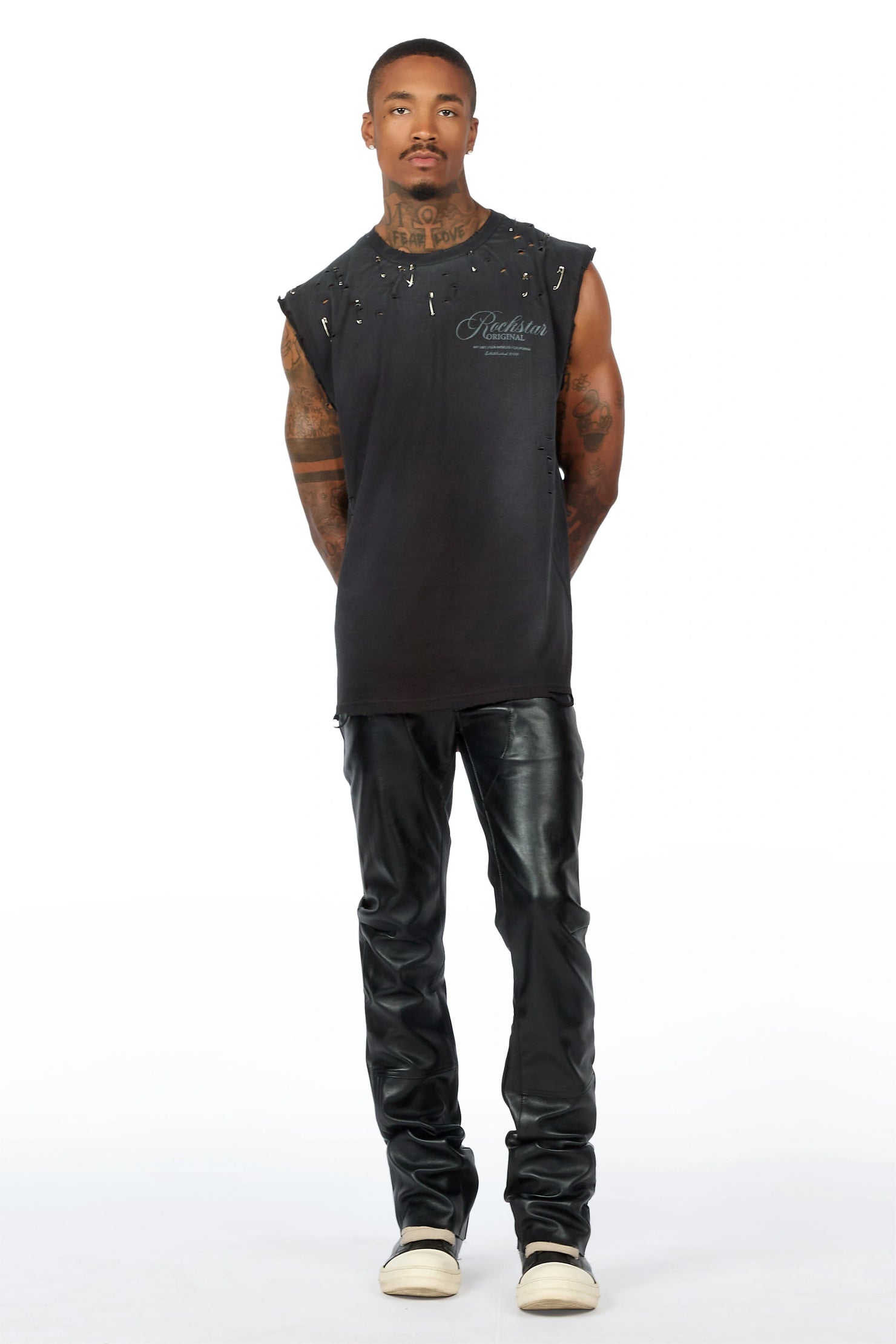 Yozi Black Cut Sleeve T-Shirt & Quatz Leather Stacked Flare Jean