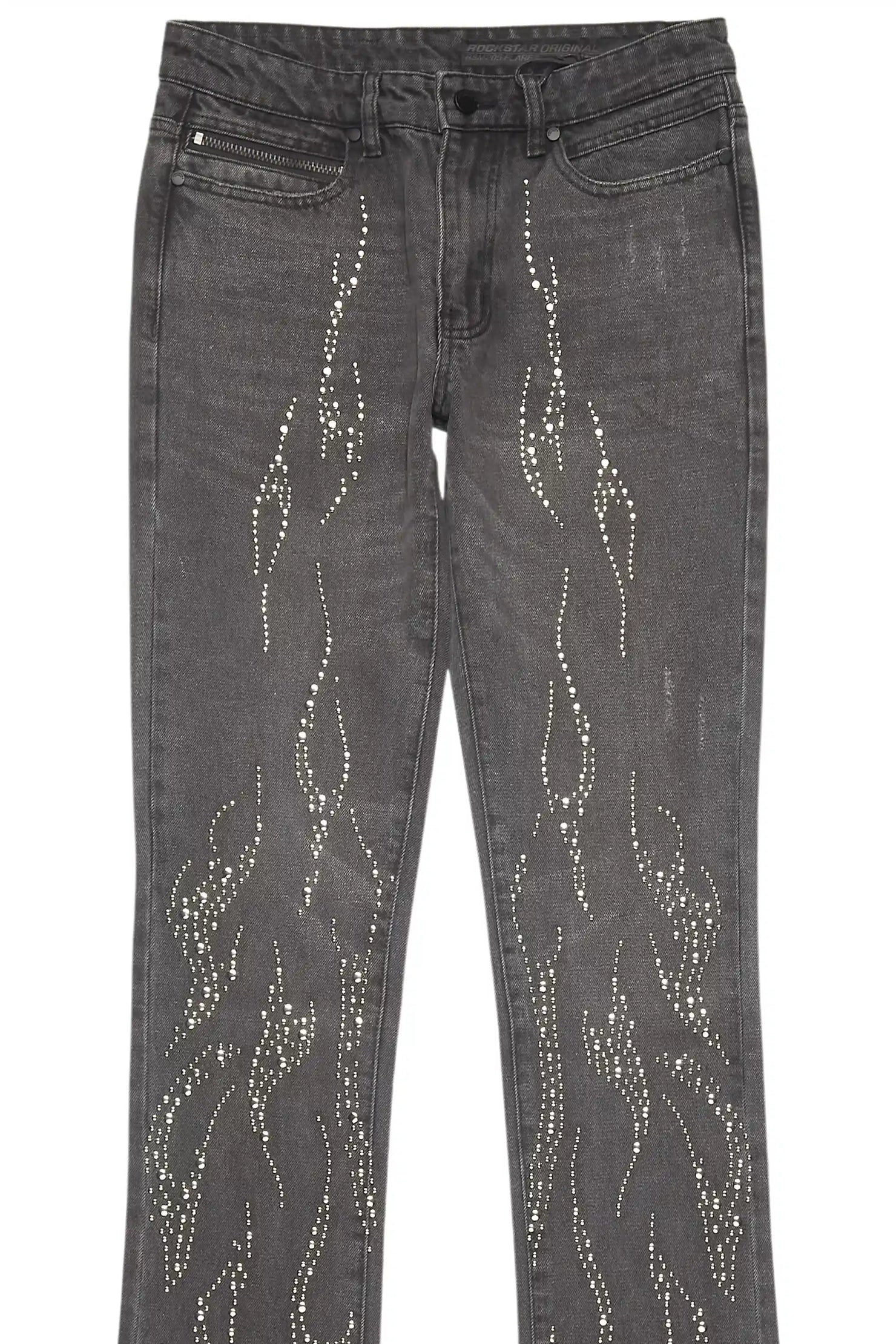 Tachi Dark Grey Rhinestone Stacked Flare Jean