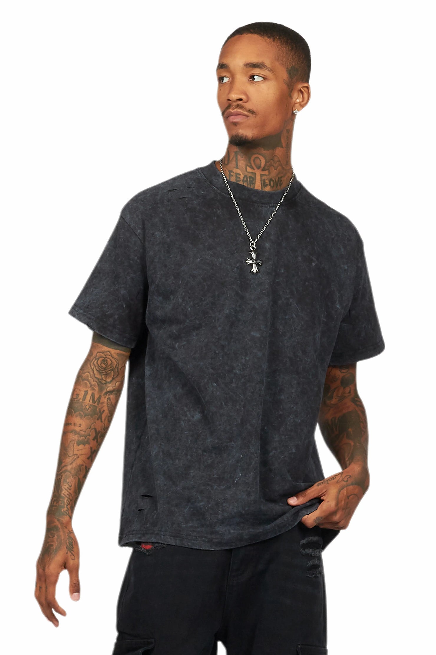 Basic Rockstar Vintage Black Oversized Distressed Plain T-Shirt