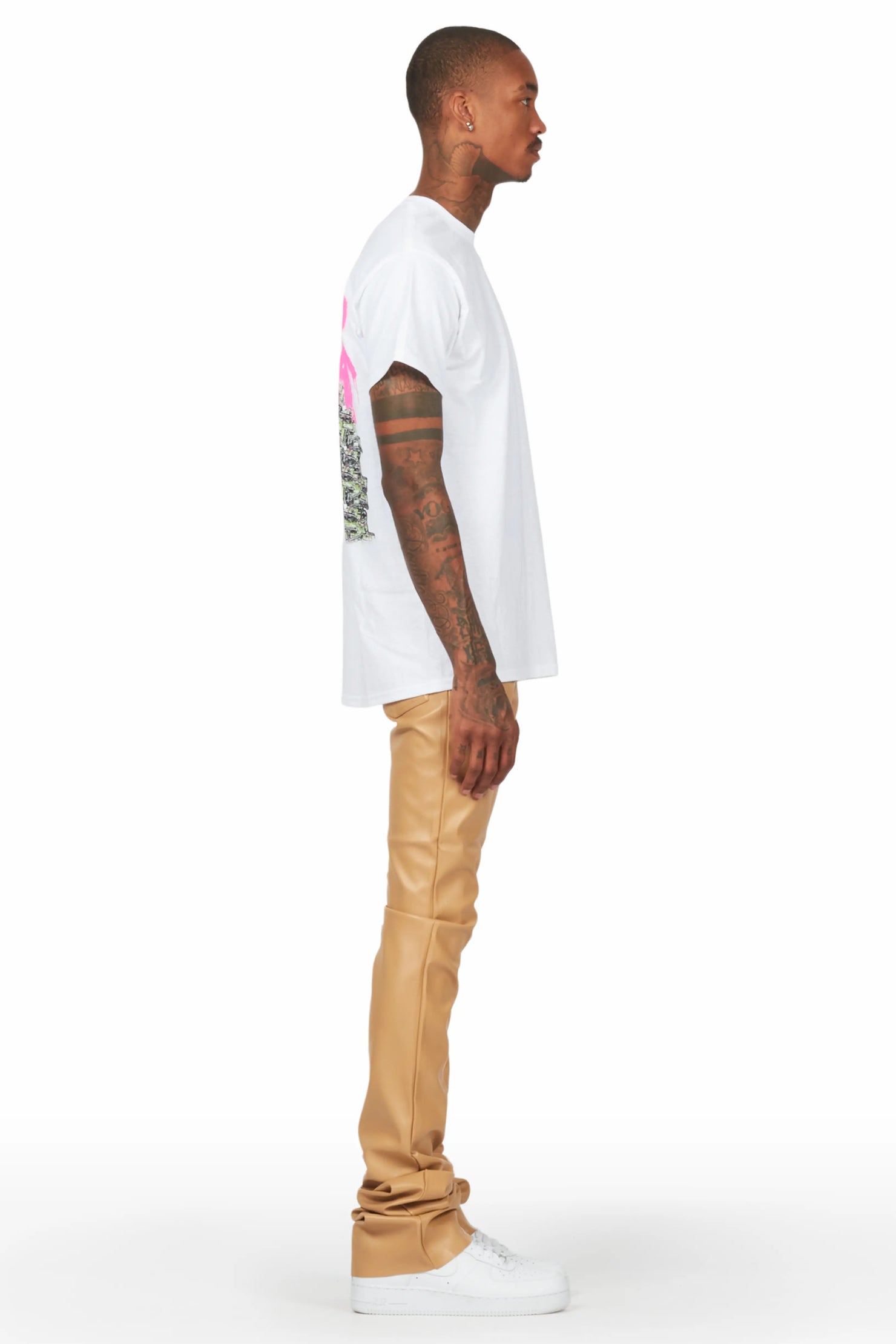 Badbich White T-Shirt & Ricky Tan Super Stacked Faux Leather Pant Bundle