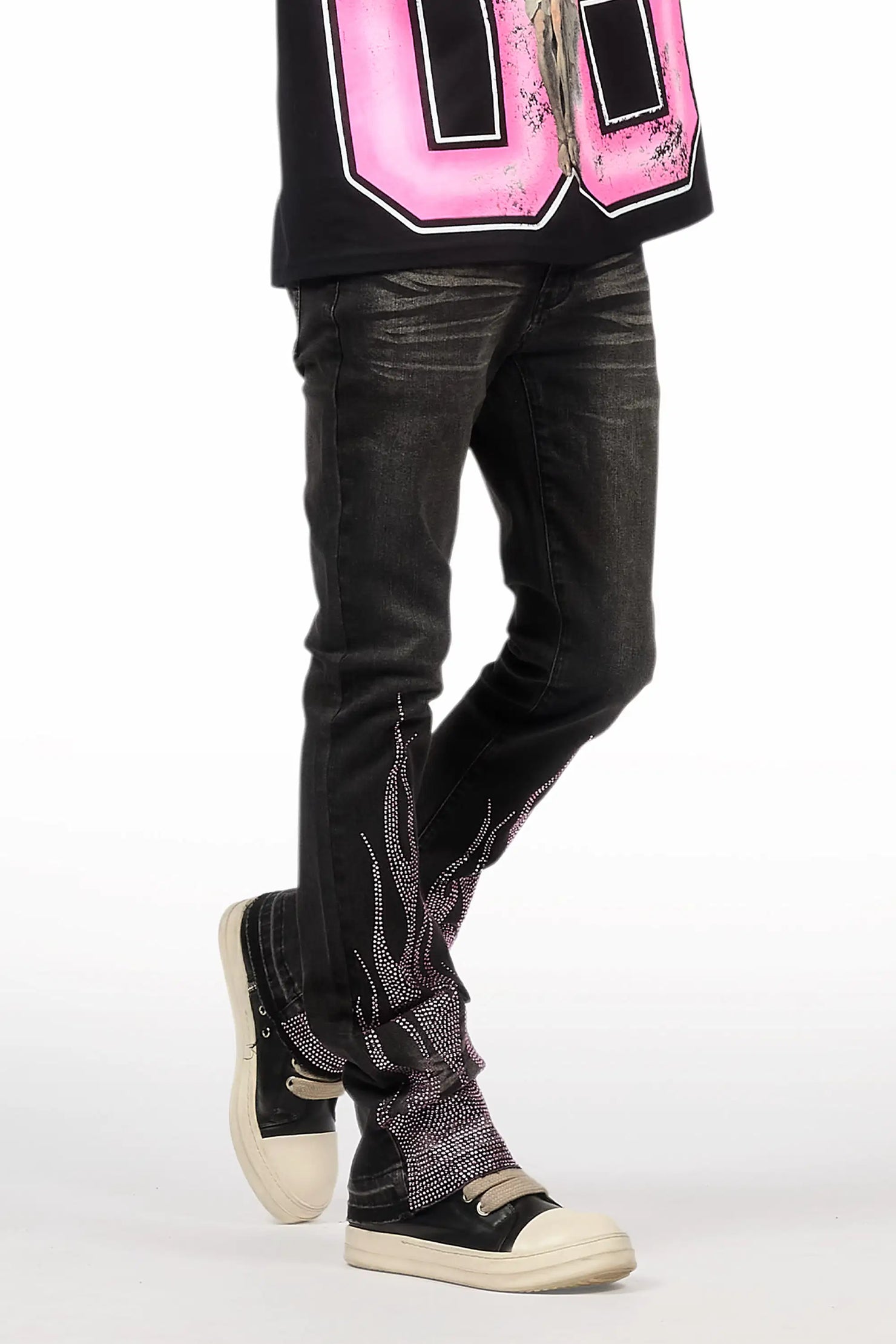 Samba Dark Grey/Pink Rhinestone Stacked Flare Jean