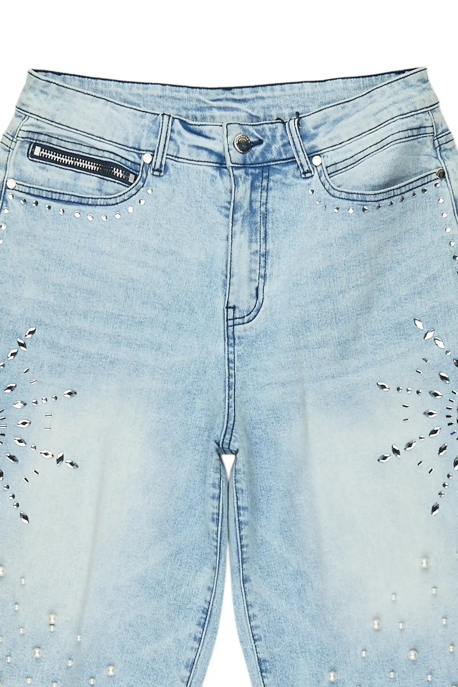 Tryst Light Blue Rhinestone Denim Short