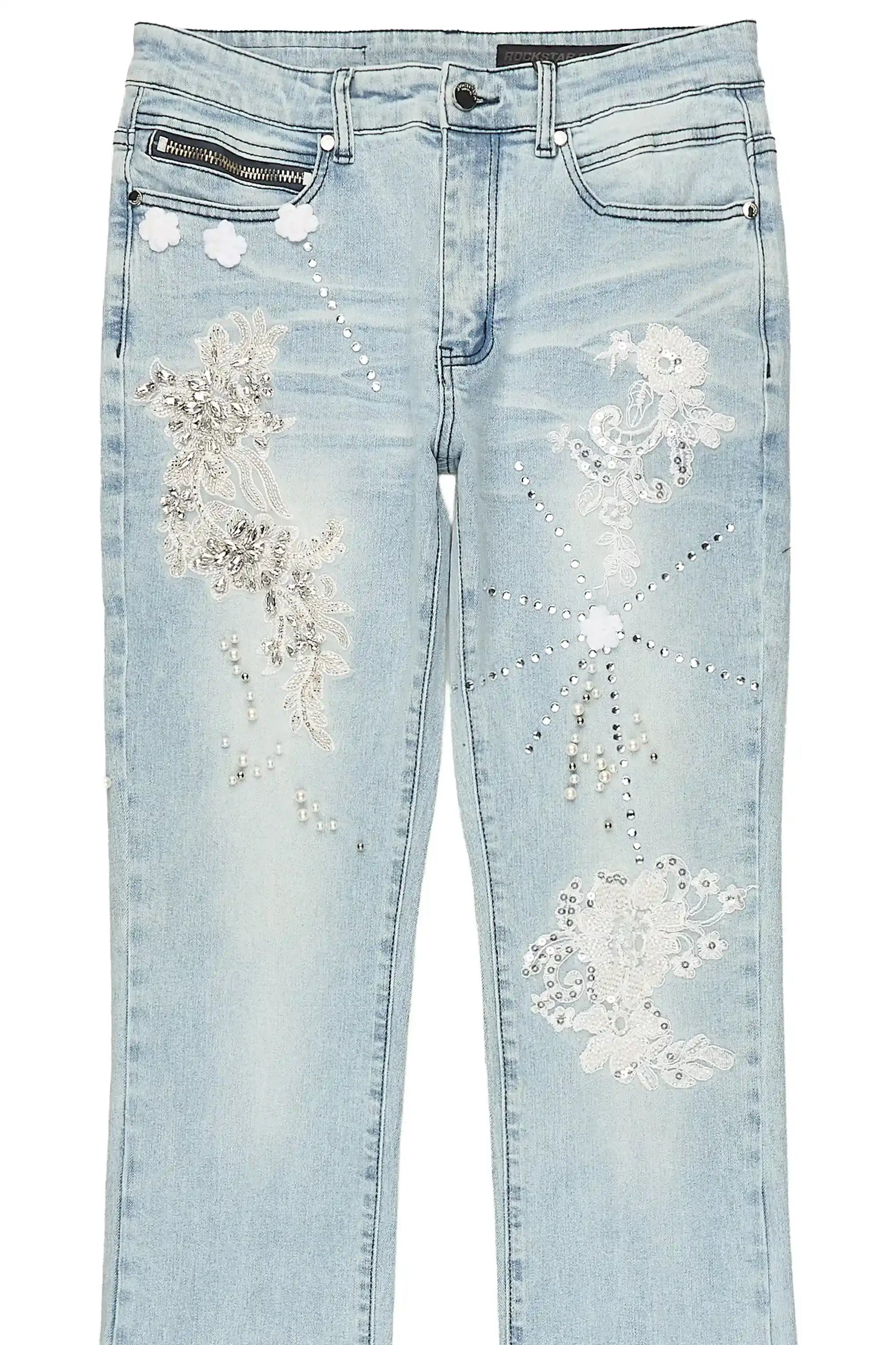 Yezen Light Blue Rhinestone Stacked Fit Jean