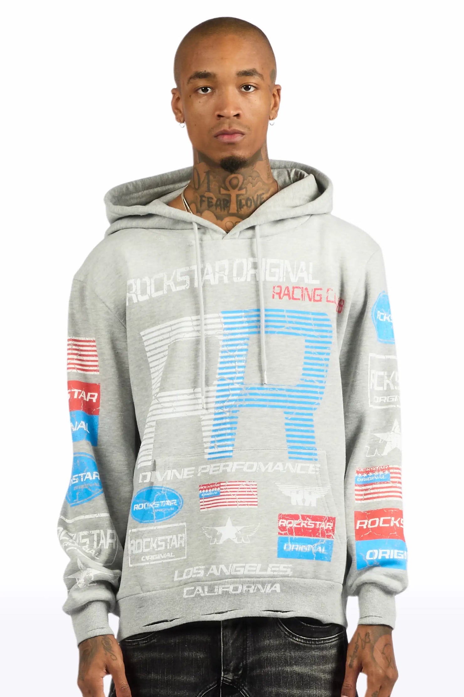 Rso Racing Club Heather Grey Distressed Graphic Relaxed Hoodie