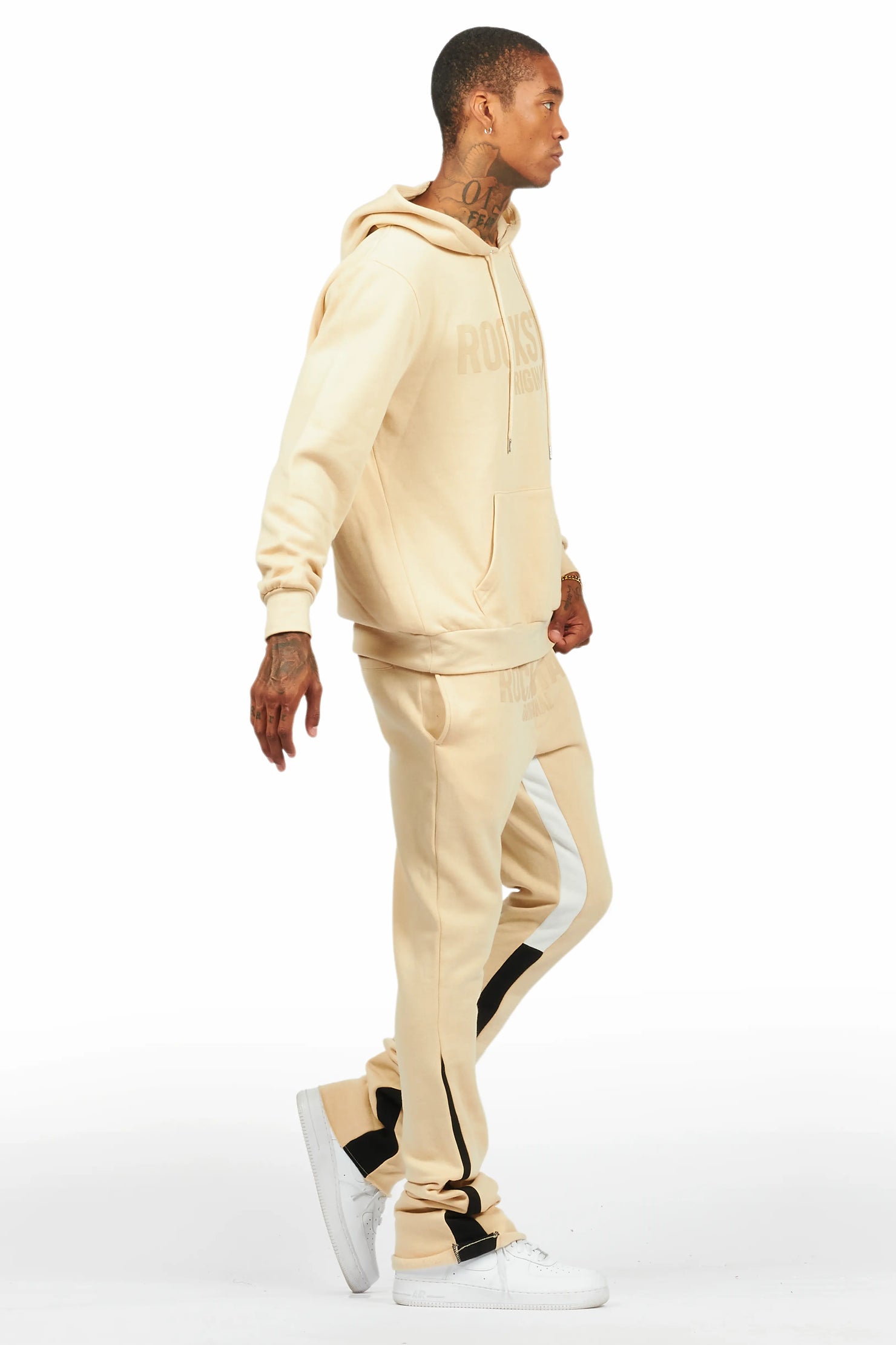 Sana Beige Hoodie/Stacked Flare Track Pant Set