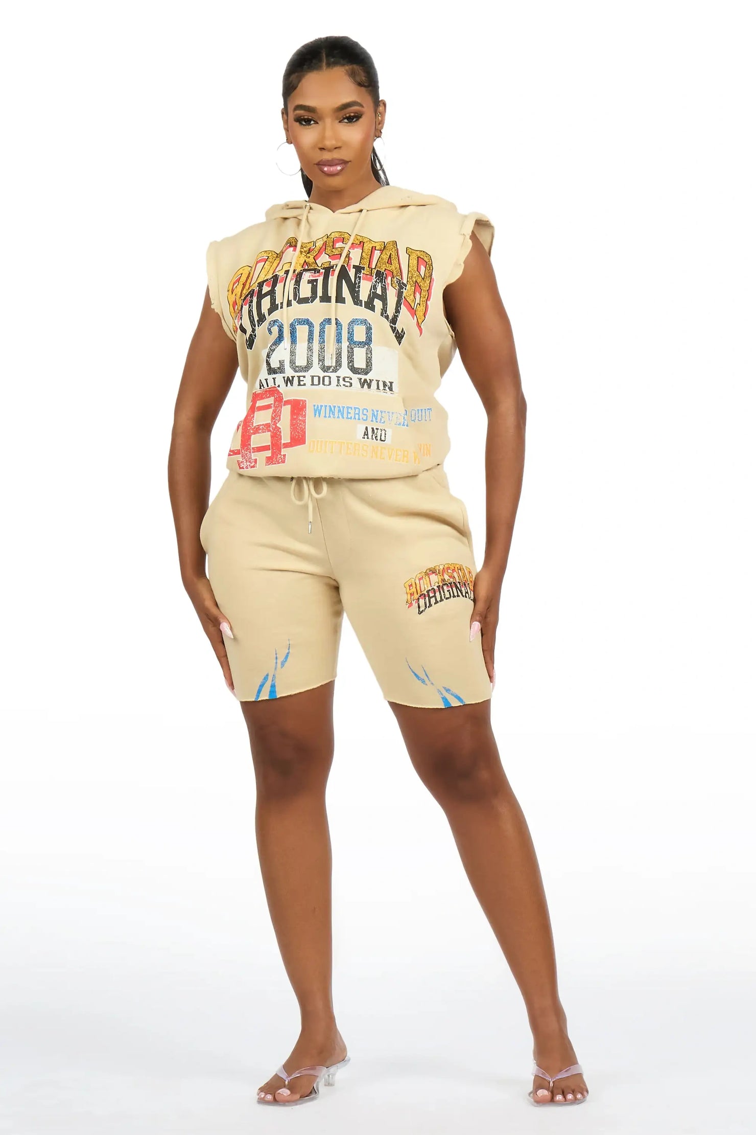 Raneisha Beige Cut Sleeve Short Set