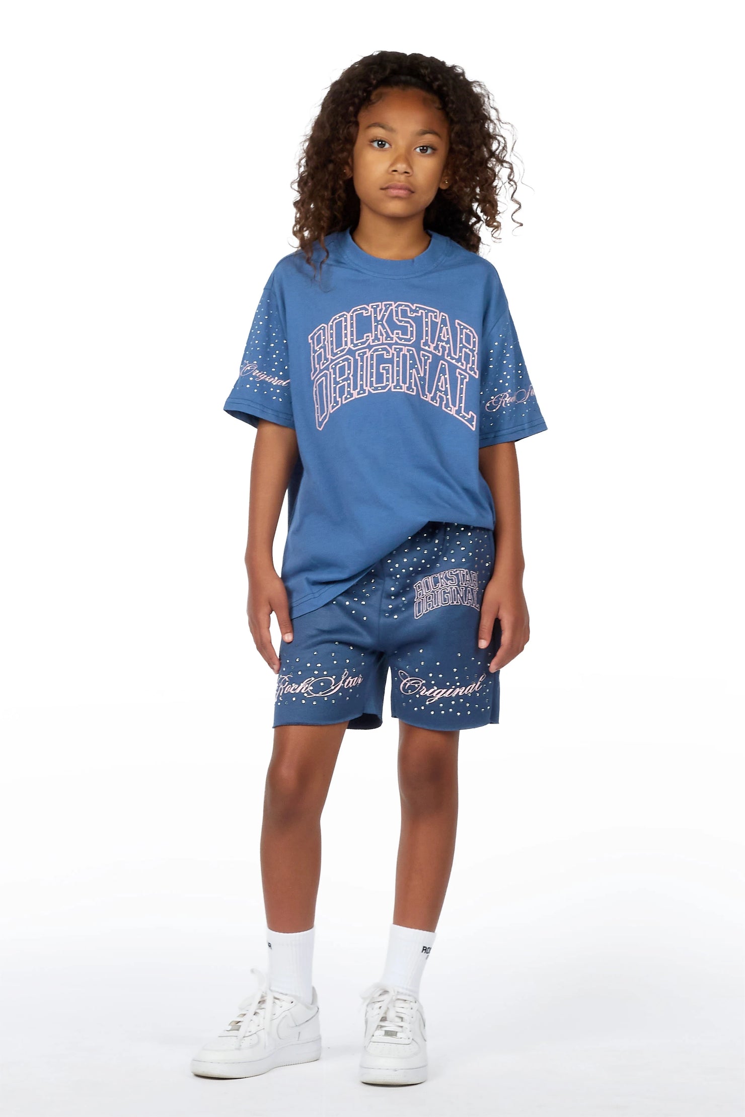 Girls Lakisha Navy Rhinestone Oversized T-Shirt Short Set