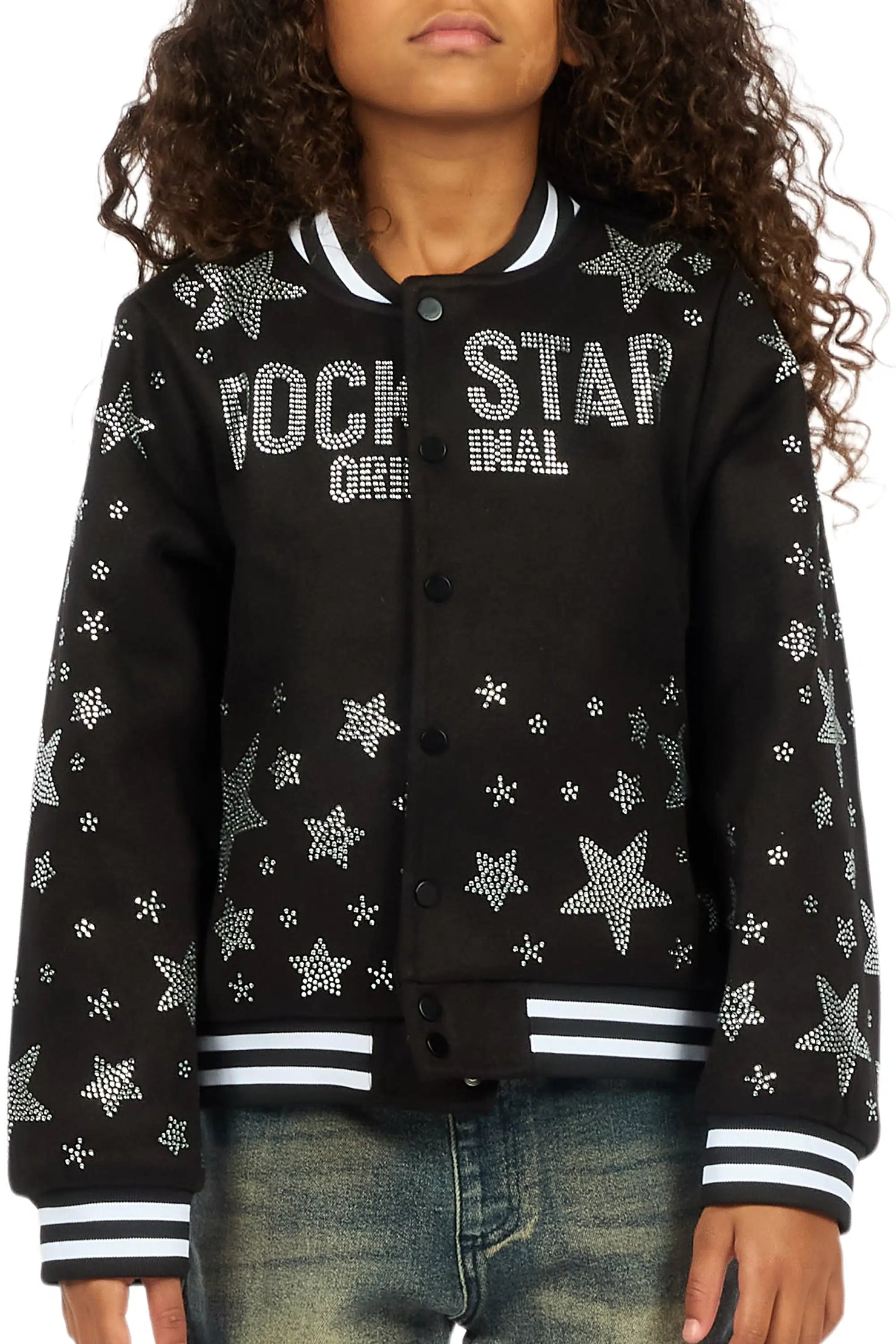 Girls Shanda Black Crop Varsity Jacket