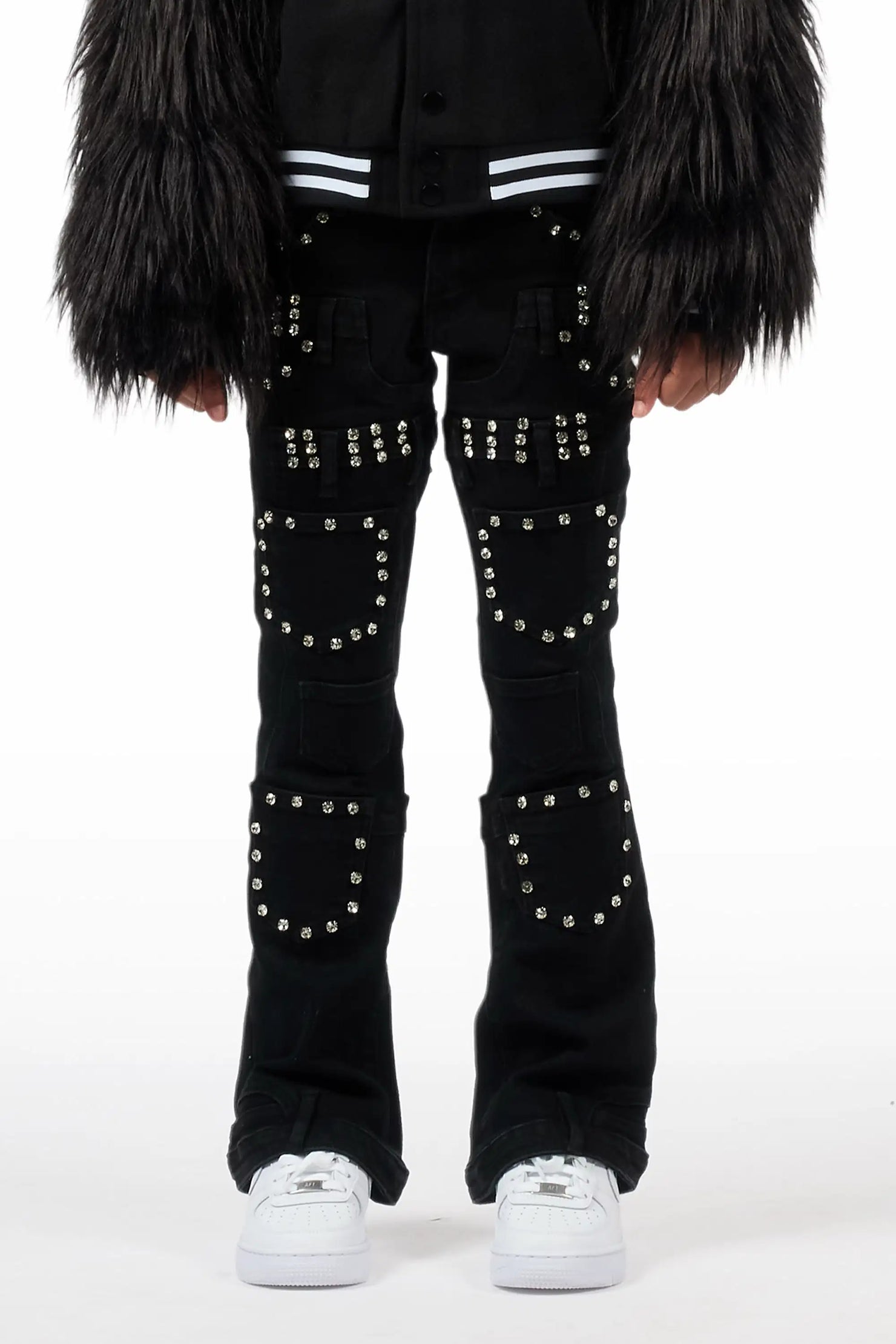 Girls Vicky Black Rhinestone Stacked Jean