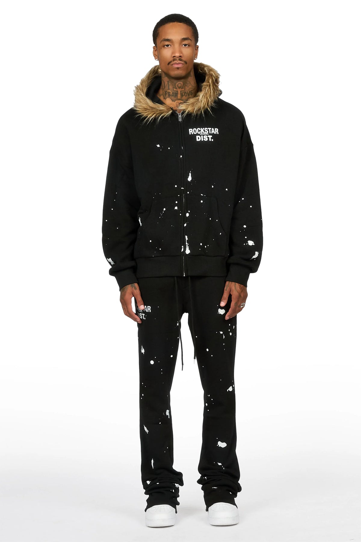 Zip Up Black Raffer Fur Hood/Stacked Track Set