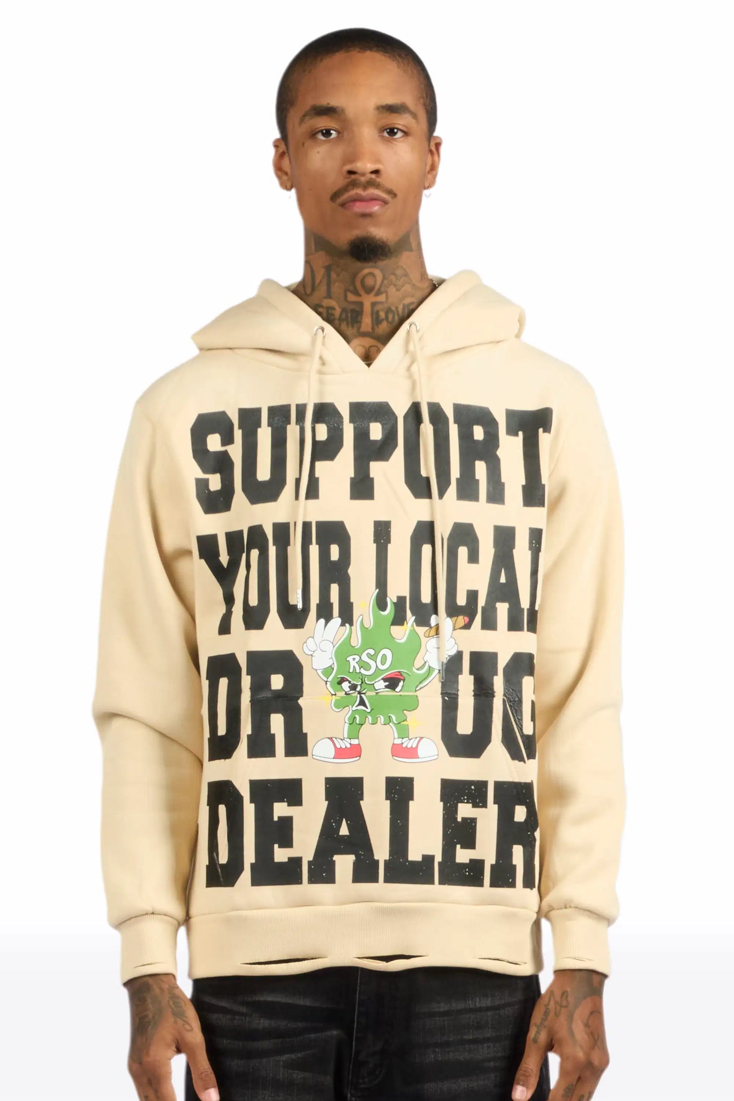 Tarl Beige Distressed Graphic Relaxed Hoodie