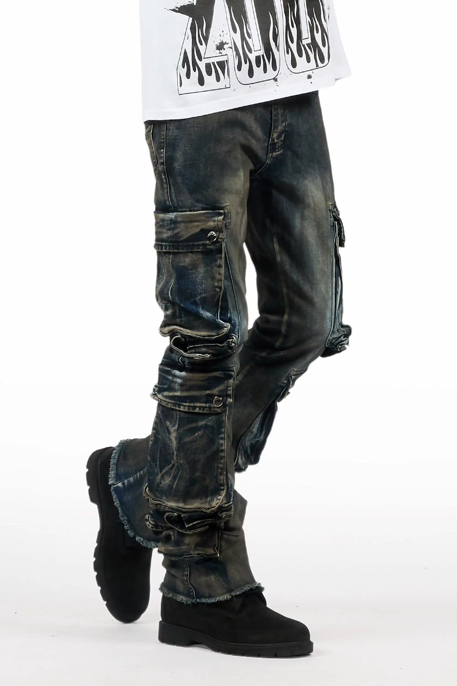 Cloudy Dark Blue Stacked Flare Jean