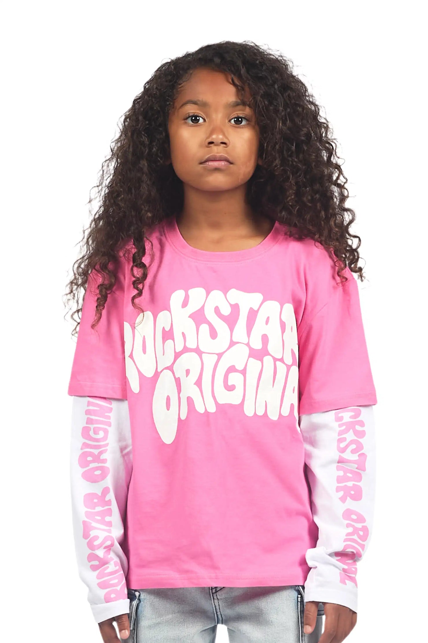 Girls Monique Pink/White Double Layer L/S Graphic T-Shirt