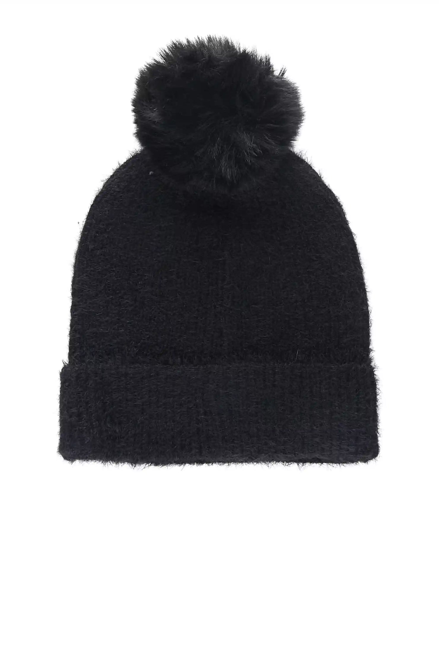 Tajuana Black Rhinestone Beanie With Fur Pom