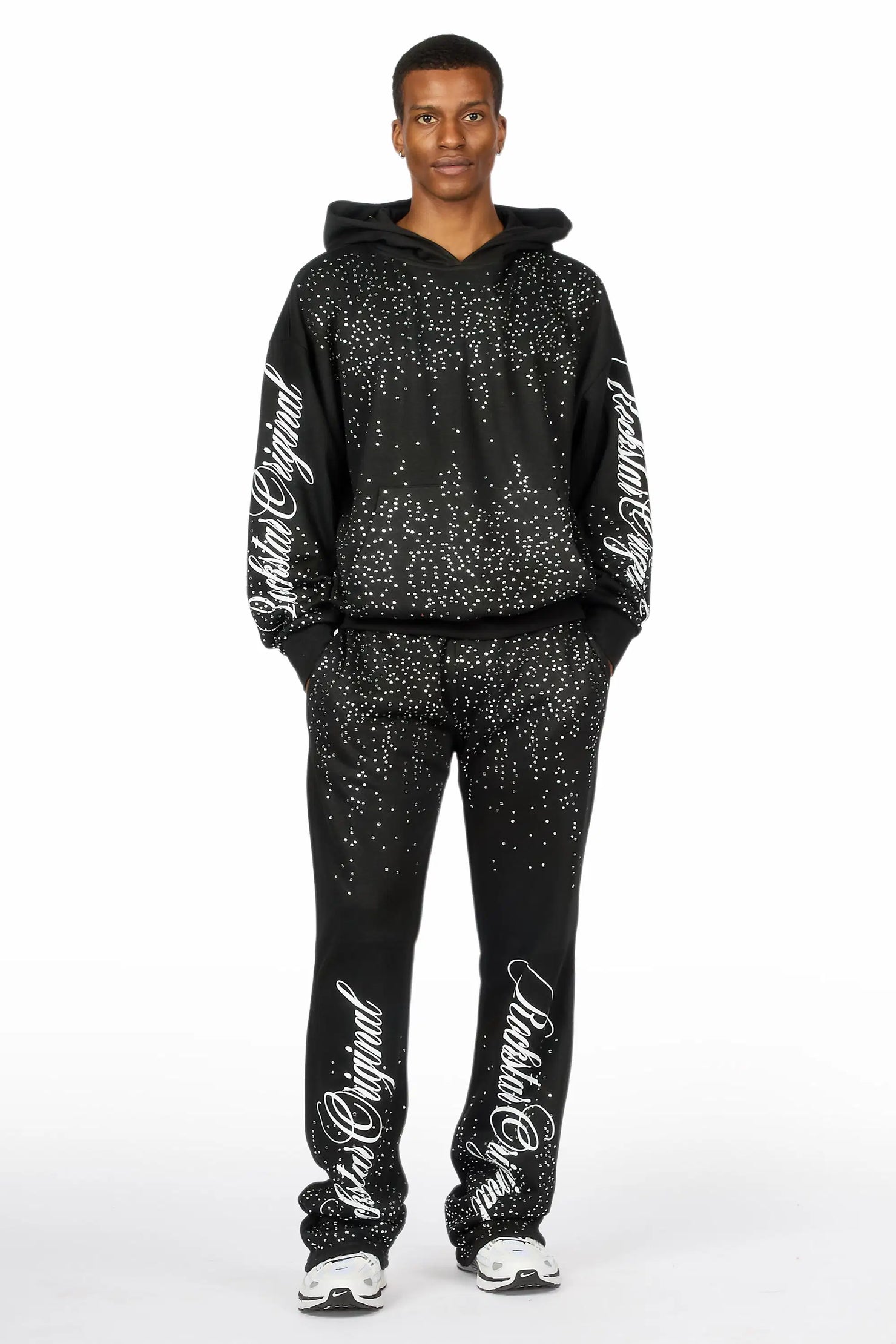 Strayce Black/White Rhinestone Hoodie Relaxed Track Set