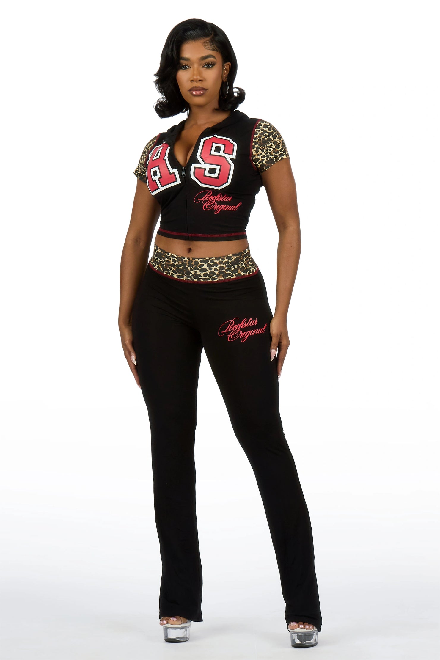 Kateya Black/Cheetah Short Sleeve Zip Up Track Set