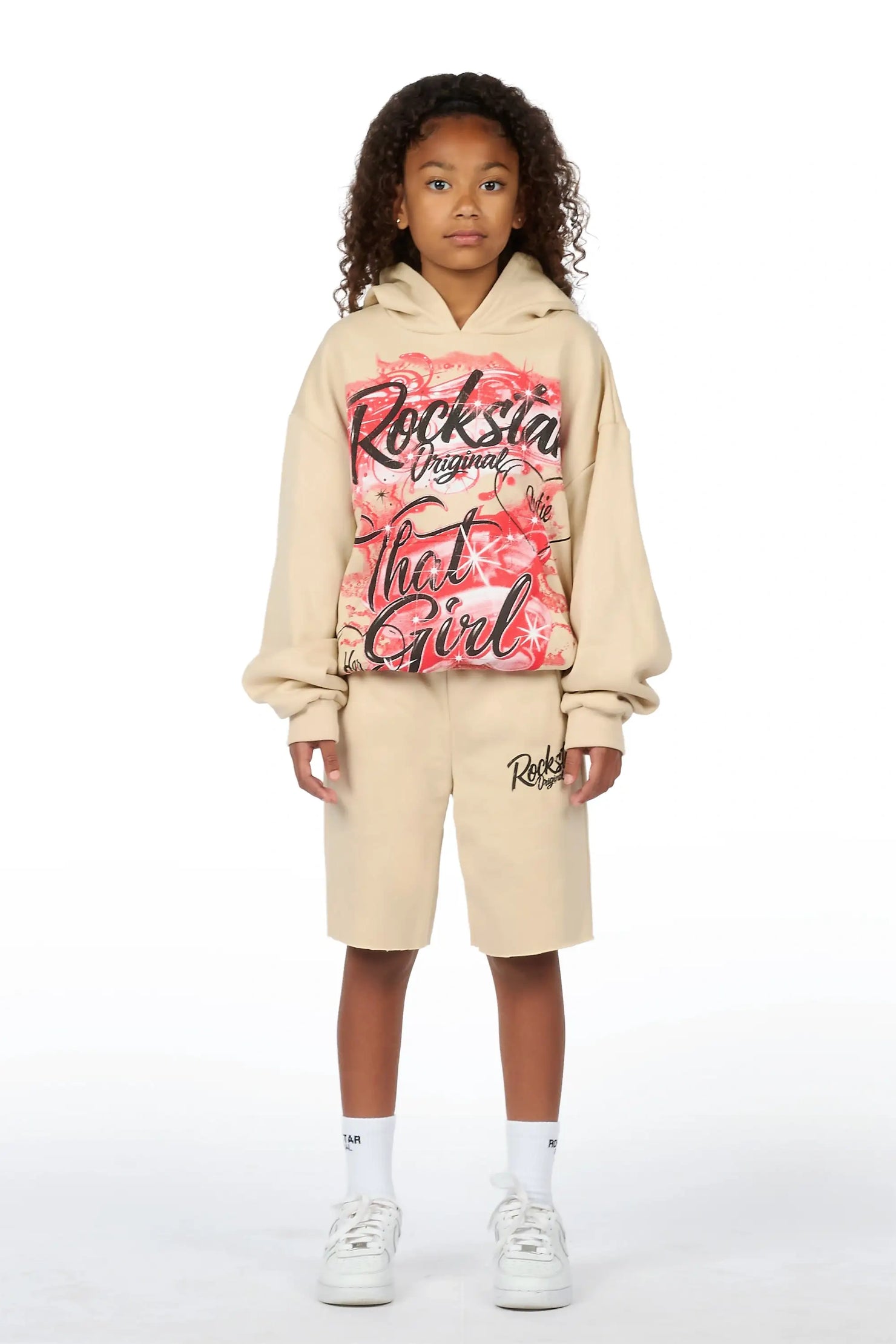 Girls Skye Beige/Burgundy Fleece Hoodie Short set