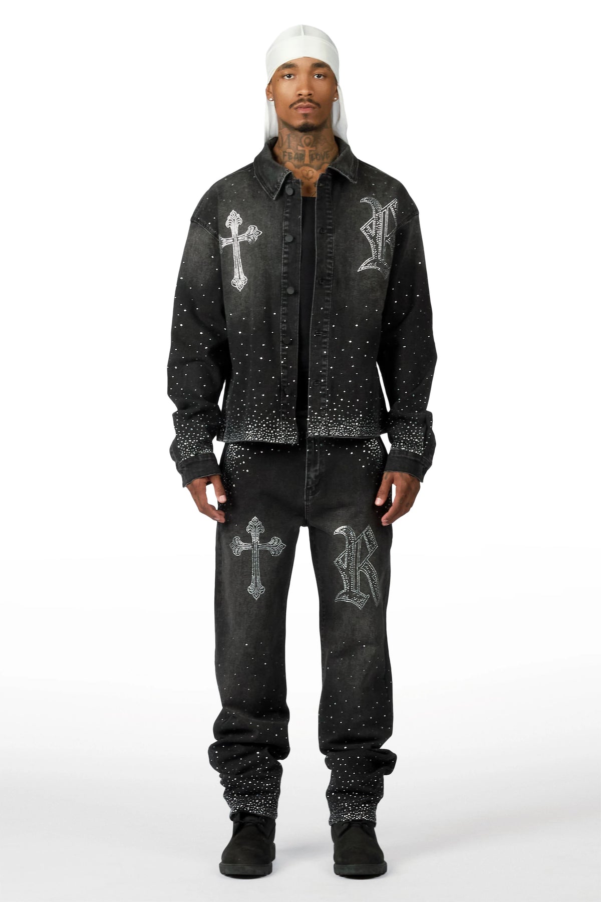 Clemente Dark Grey Rhinestone Button Down Shirt/Jean Set