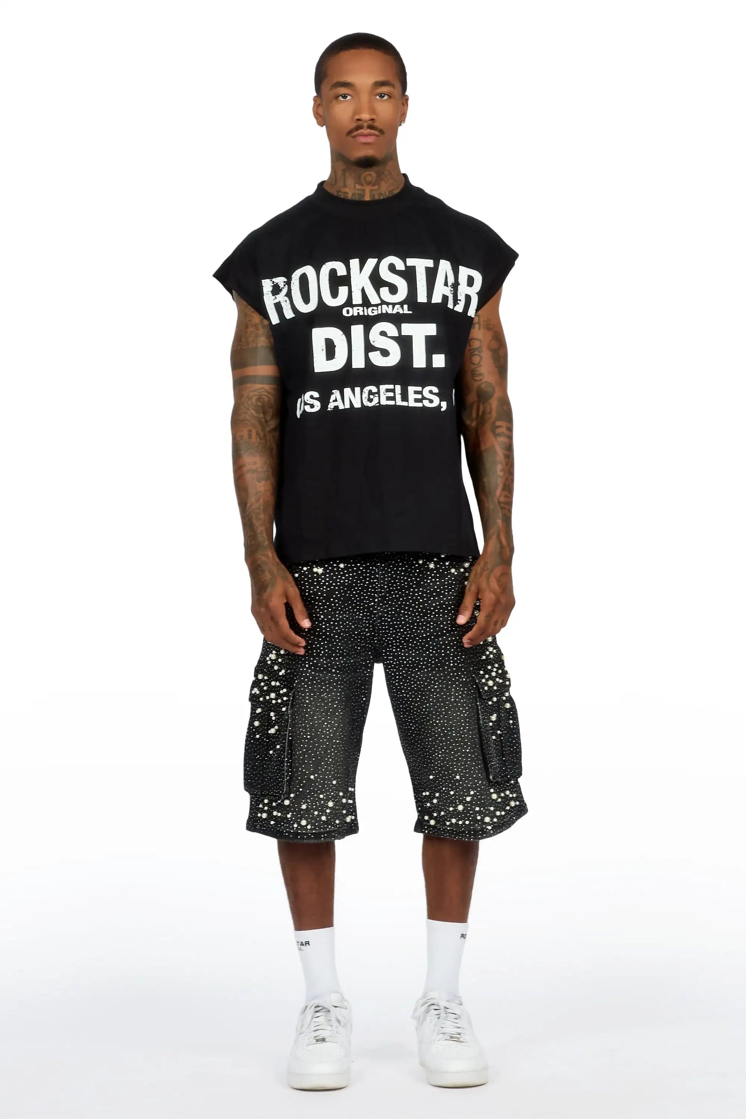 Sevyn Black/Black Rhinestone Cut Sleeve T-Shirt Denim Short Set