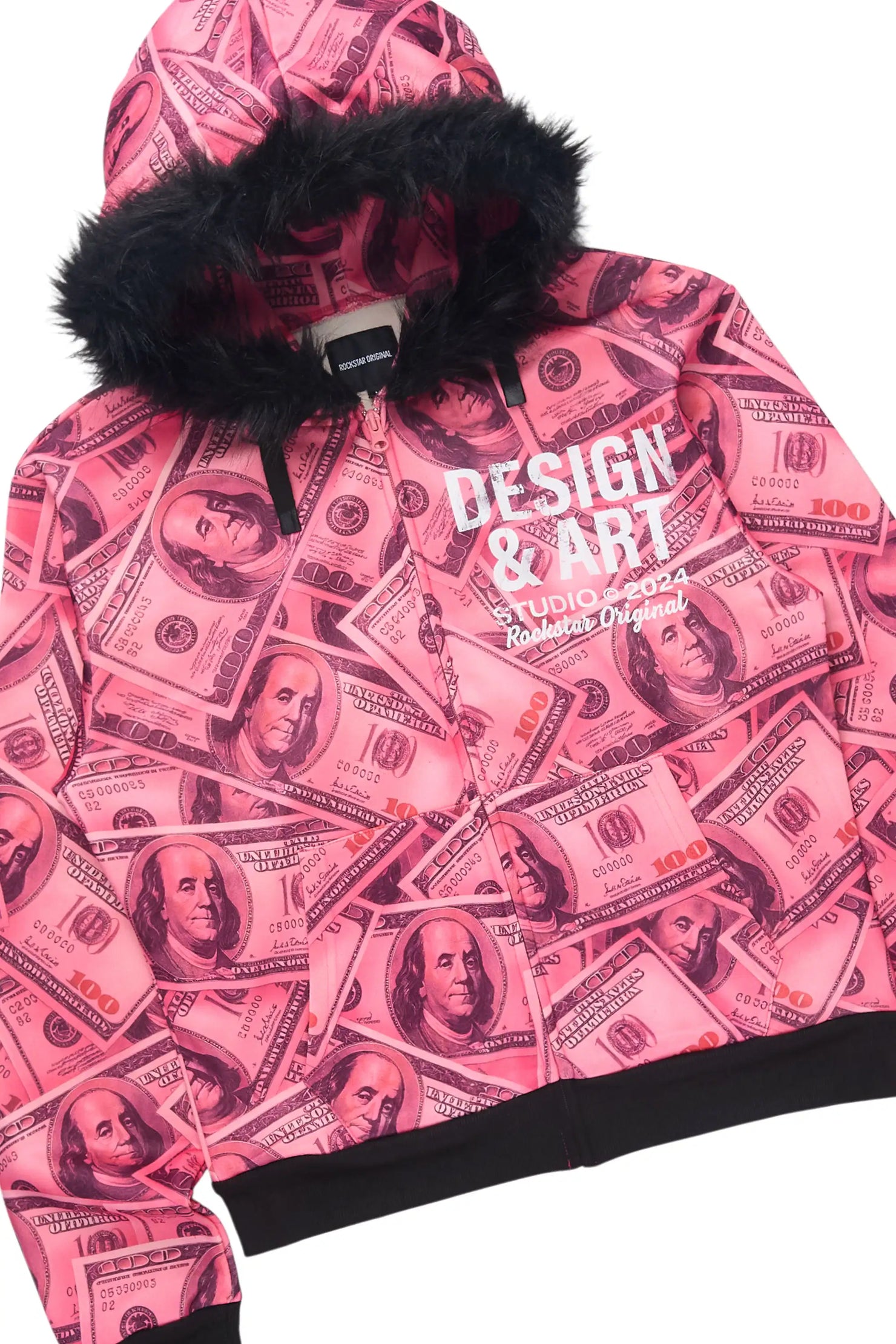 Sidney Pink Money Zip Up Short Set with Fur Hood