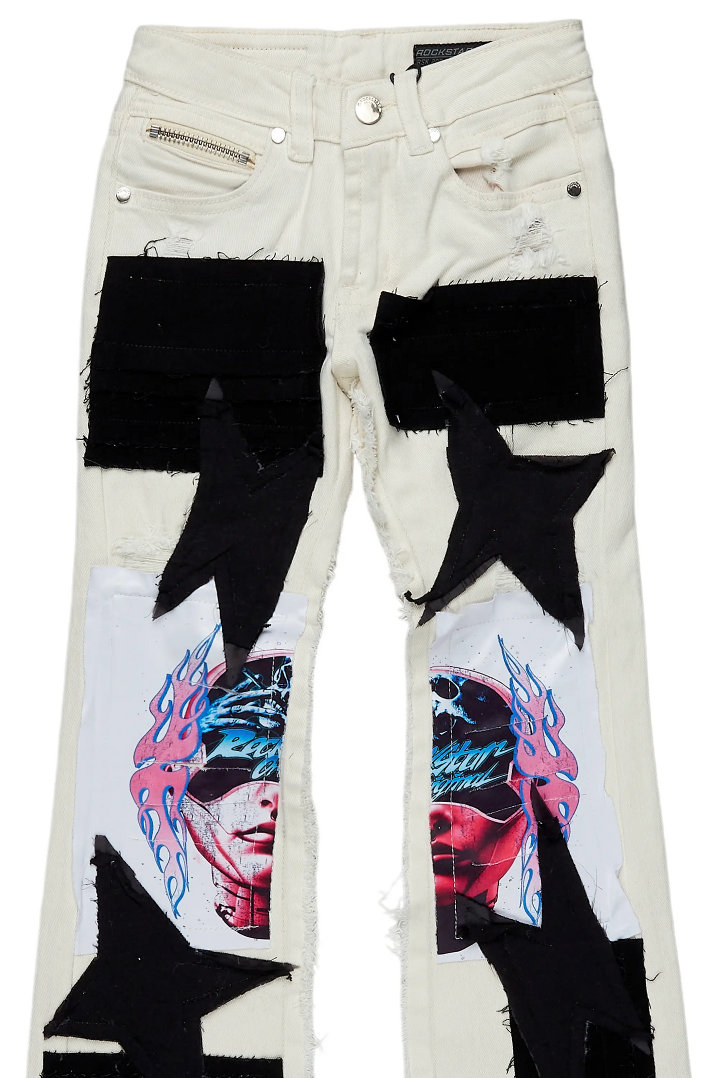 Boys Helios Beige Patchwork Stacked Flare Jean