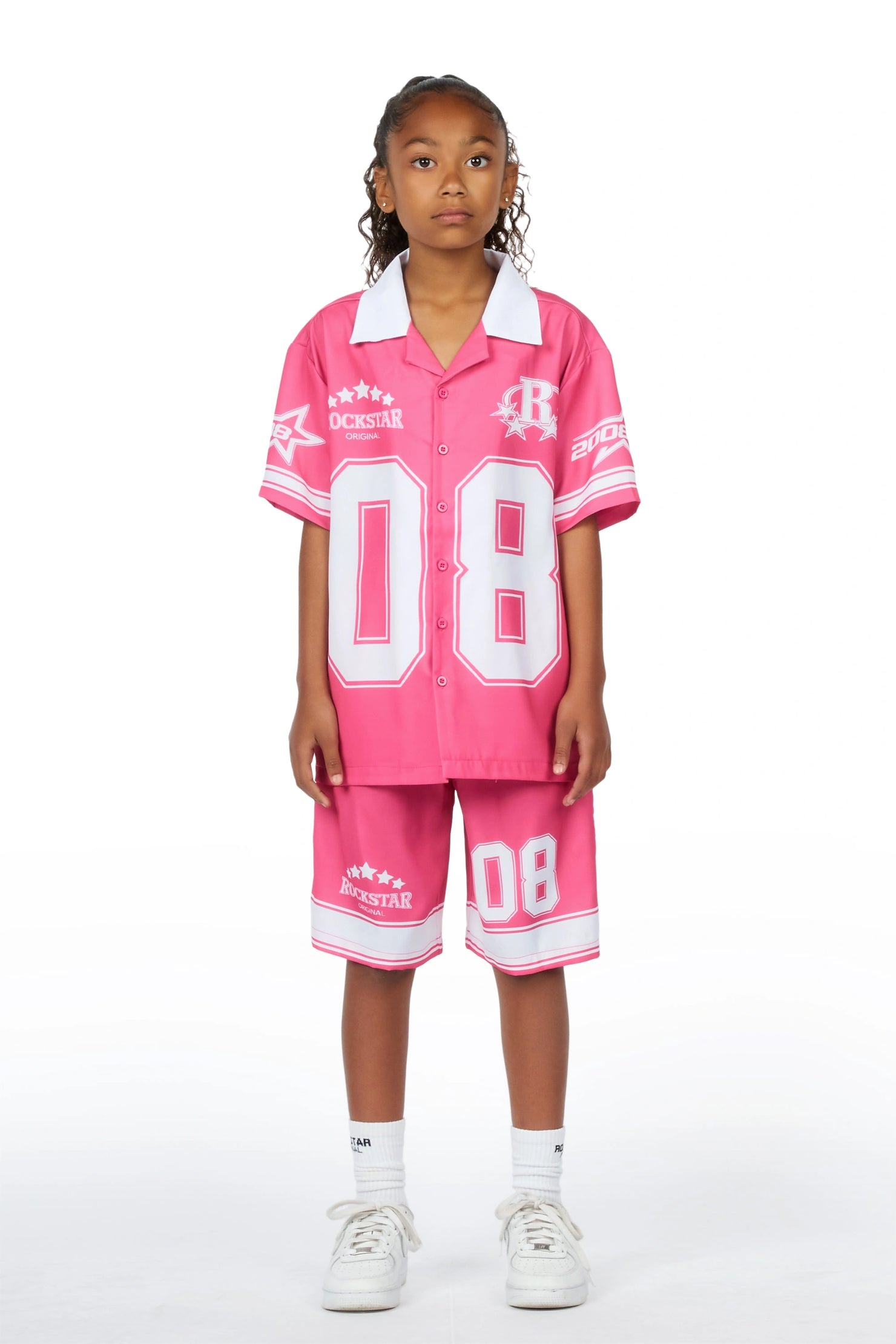 Girls Tinna Pink Button Down T-Shirt Short Set