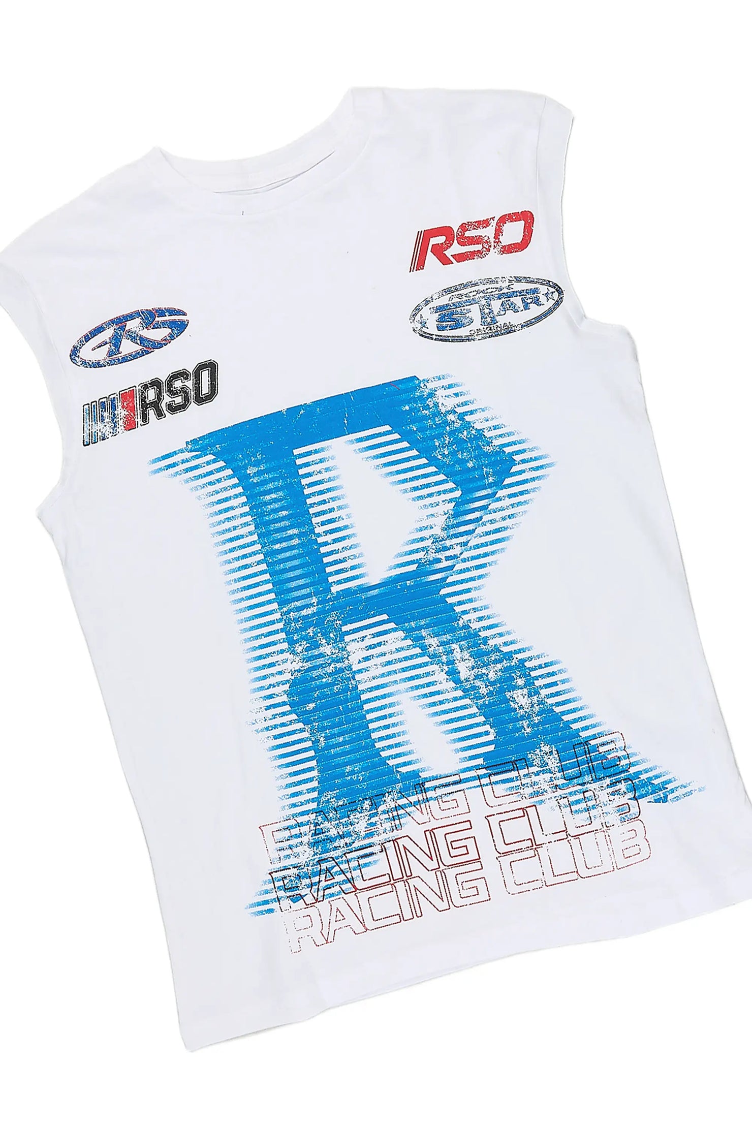 Boys Damarion White/Royal Cut Off T-Shirt Stacked Jean Set