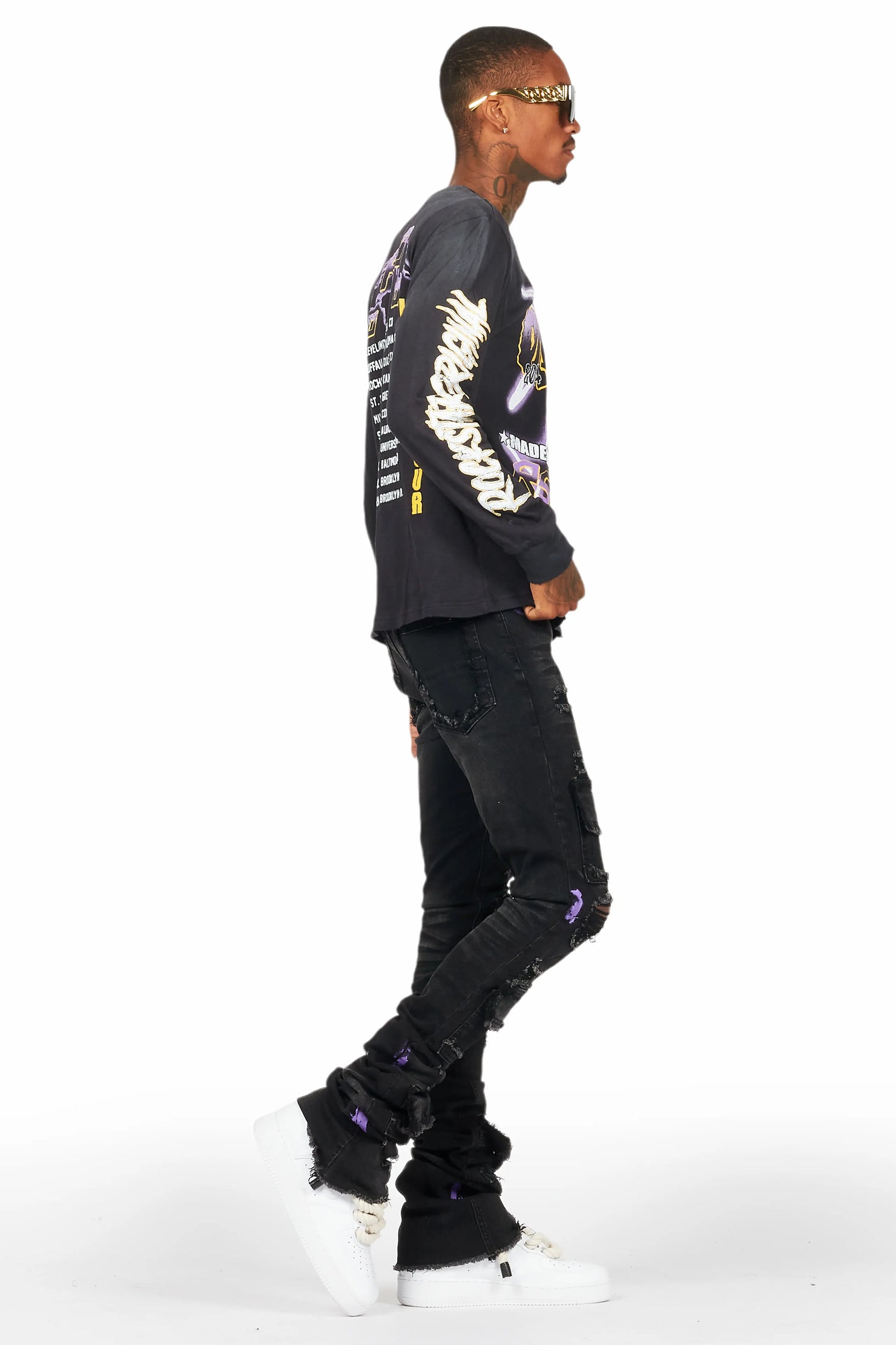 Amelie Black Long Sleeve T-Shirt/Stacked Flare Jean Bundle