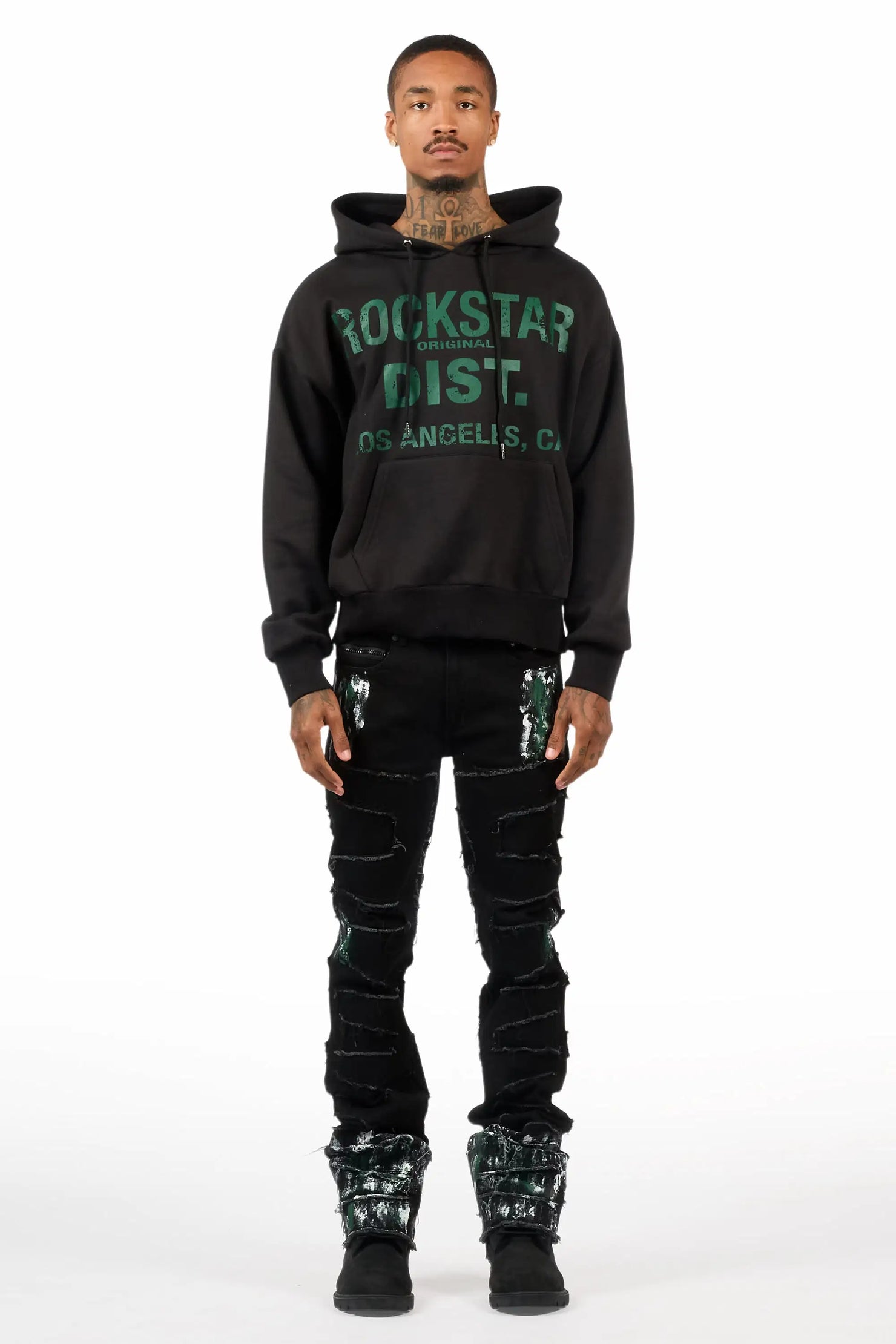 Saxon Black/Green Hoodie/Stacked Flare Jean Set