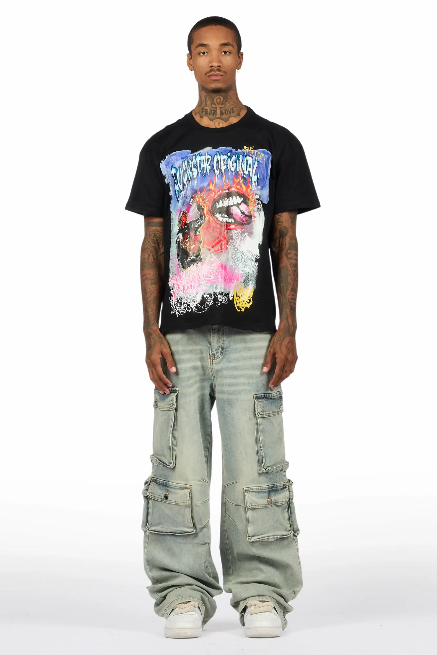 Yooz Black Oversized Graphic T-Shirt/Baggy Jean Bundle