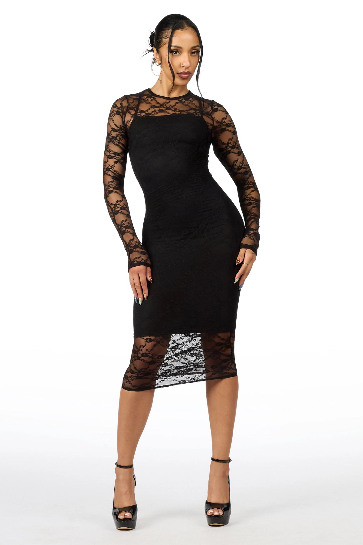 Lace Black Overlaid Midi Dress