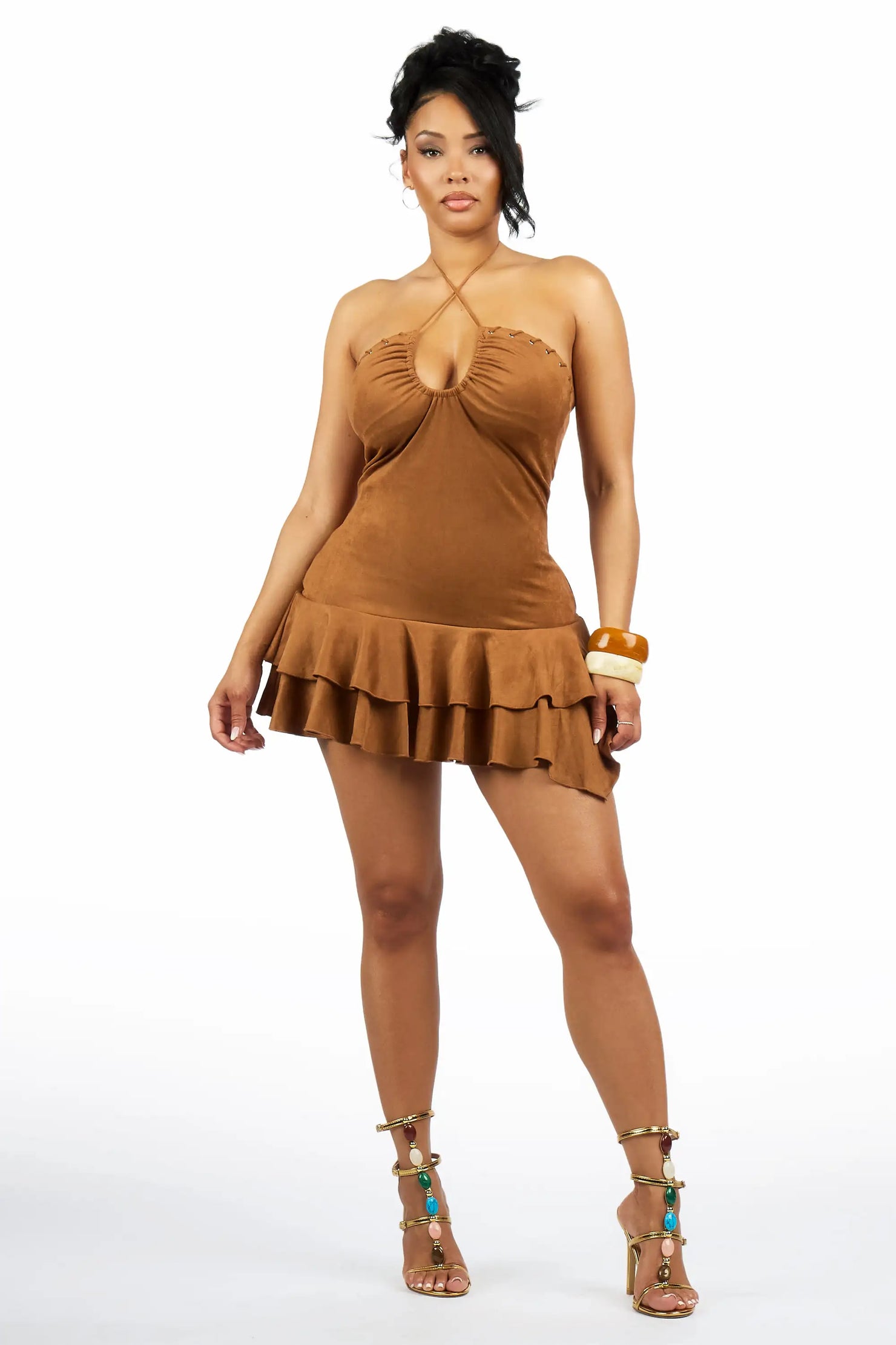 Get-Em Caramel Suede Mini Dress