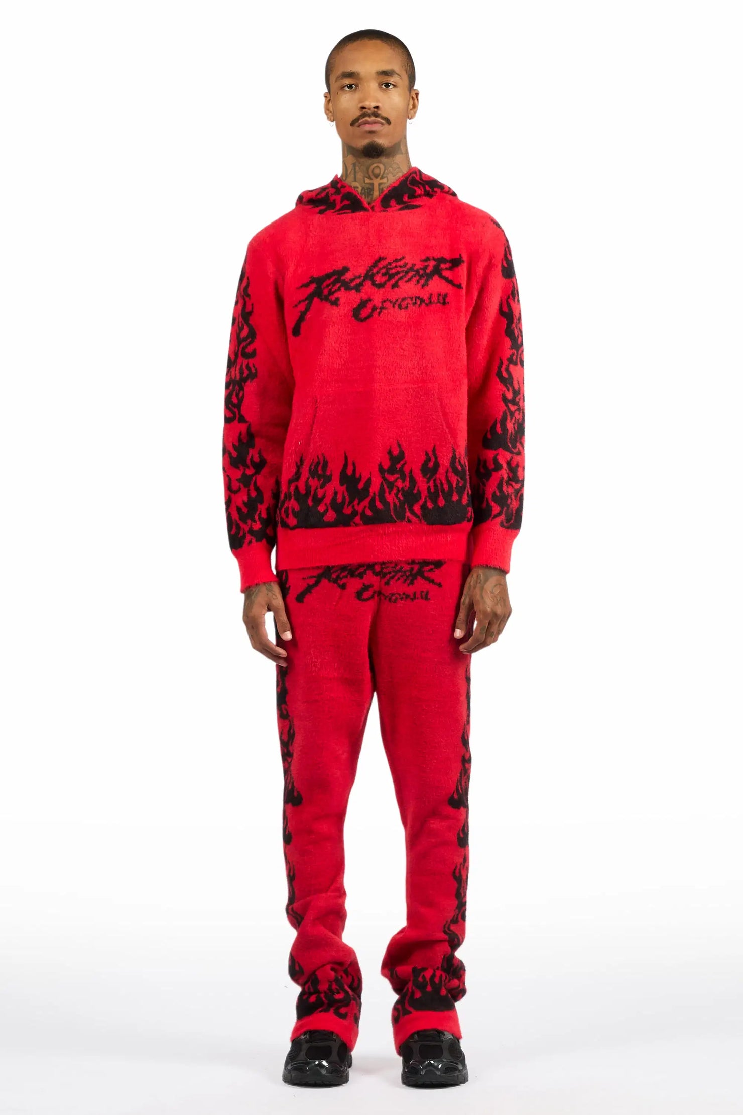 Yash Red Hoodie Stacked Flare Track Set