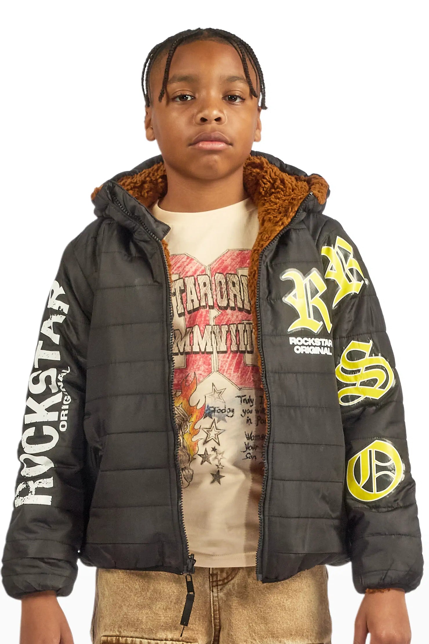 Boys Daegan Black/Brown Reversible Fur Puffer Jacket