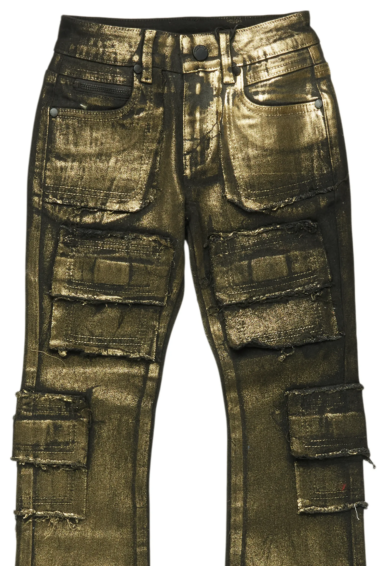 Boys Tyrell Gold Metallic Coated Stacked Flare Jean