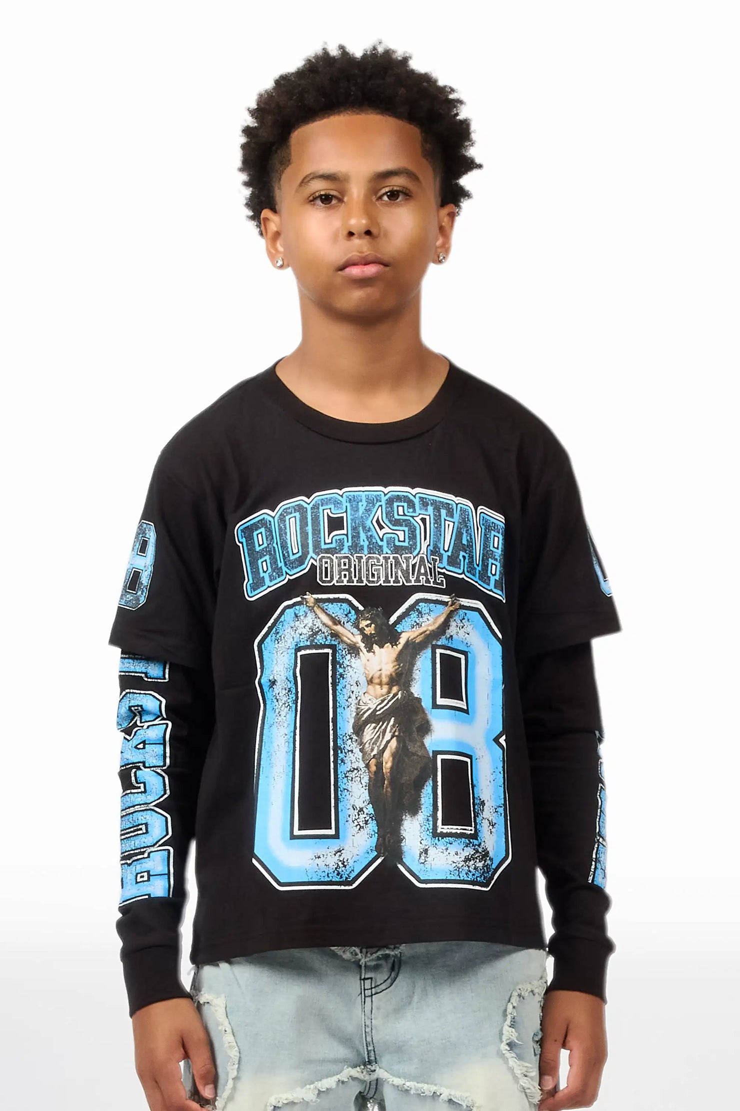 Boys Fields Black/Blue Double Layer L/S Graphic T-Shirt