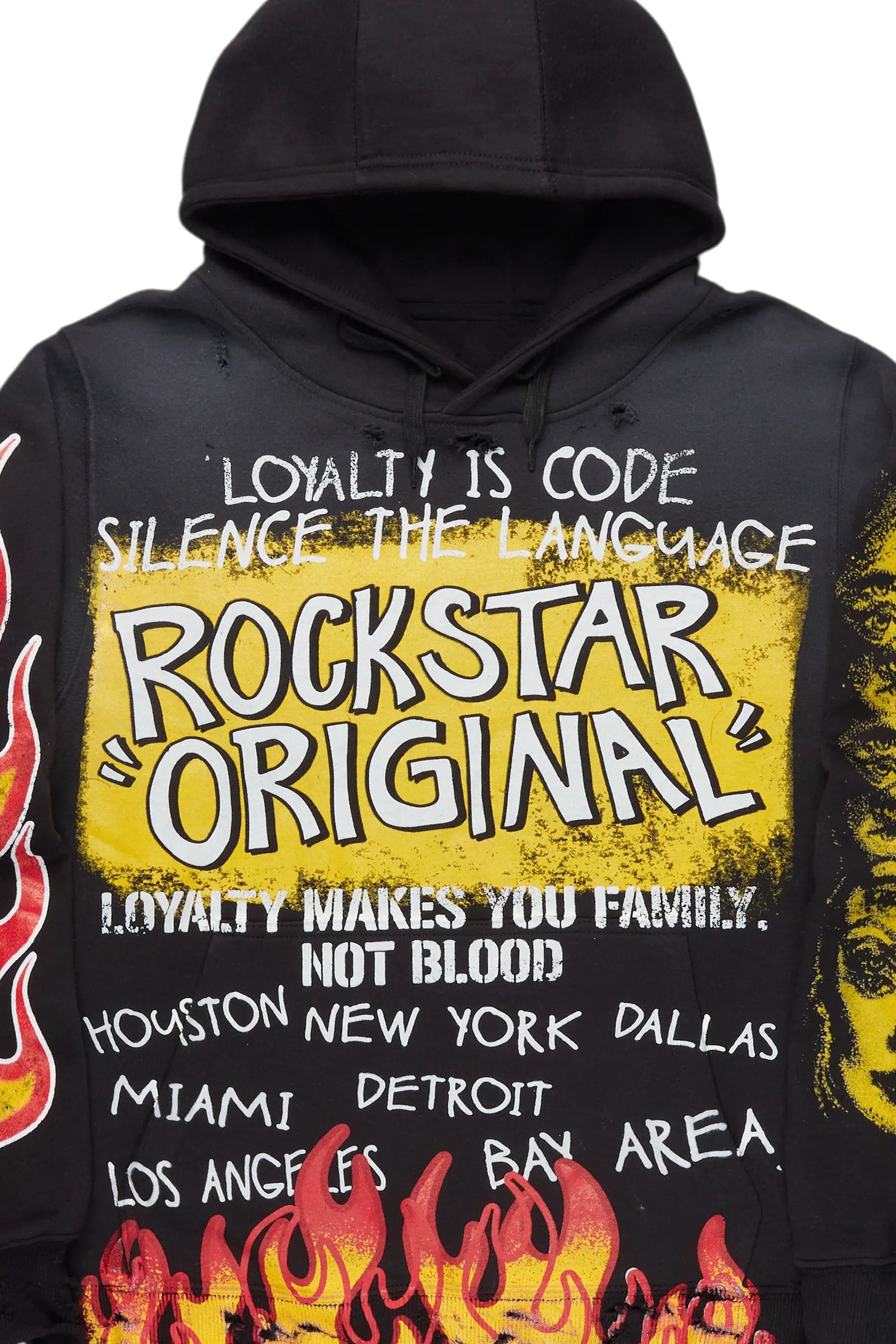 Beno Black/Yellow Distressed Graphic Hoodie