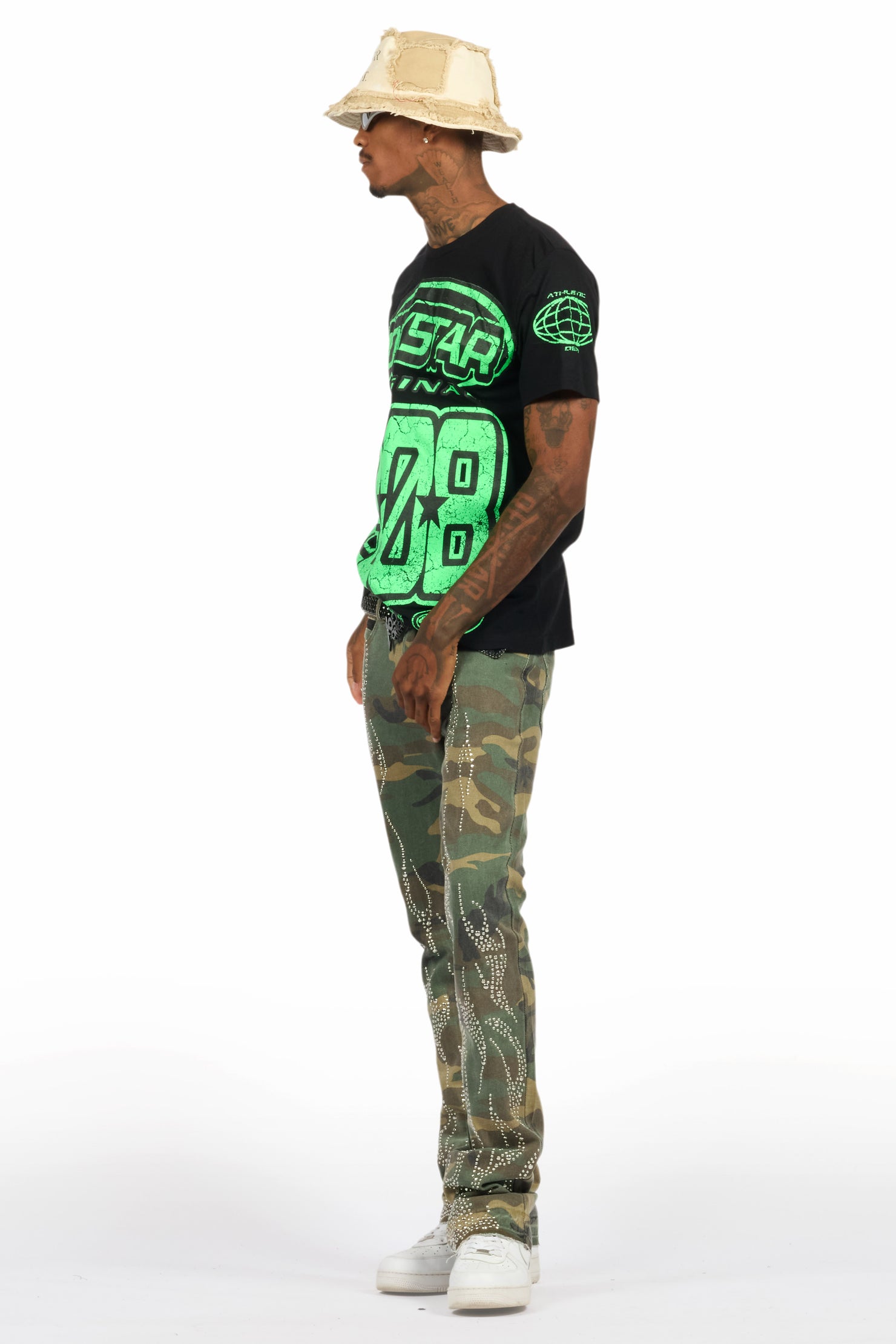 Tachi Camo Rhinestone Stacked Flare Jean
