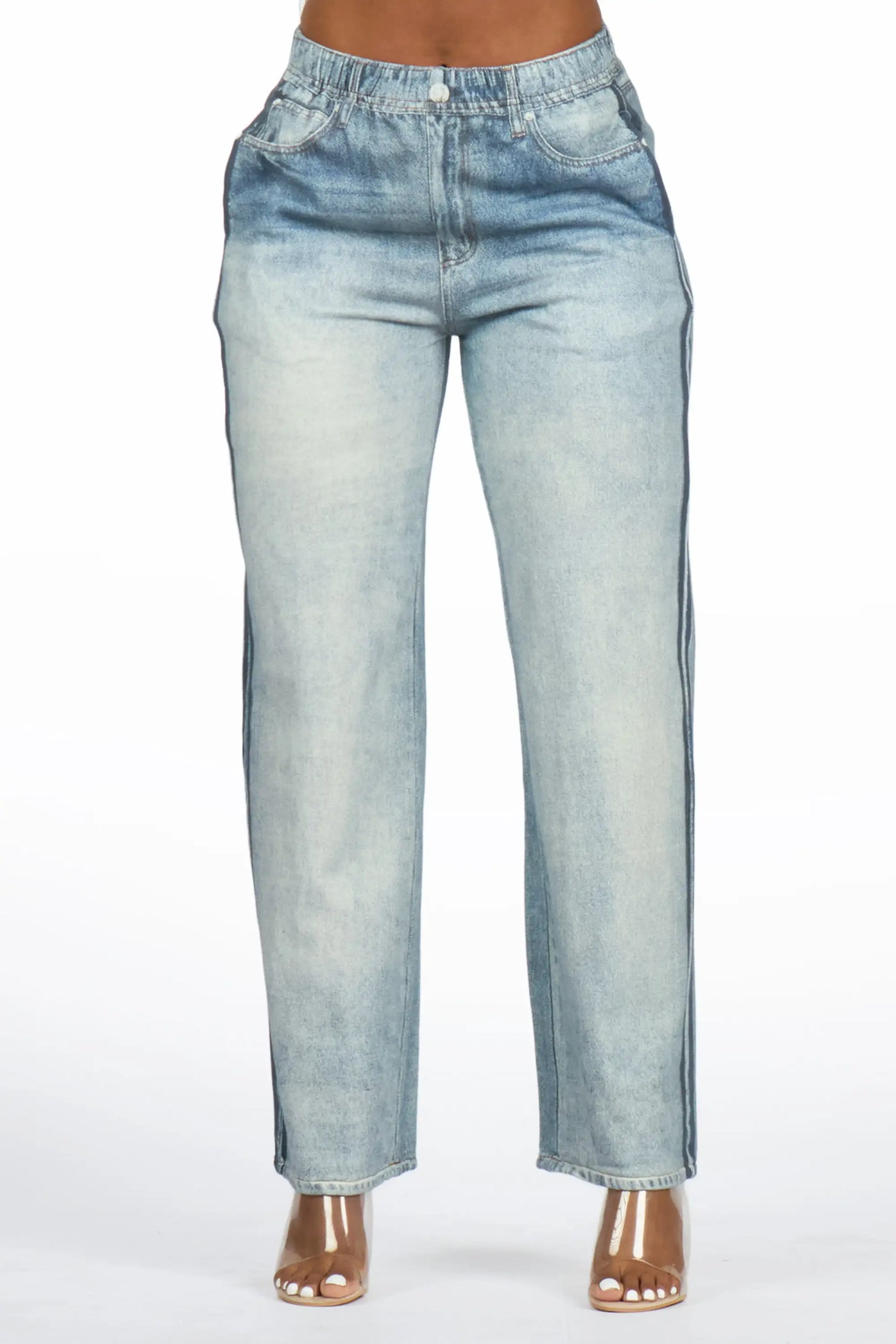 Yonis Light Wash Denim Print Stretch Terry Sweatpant Jean