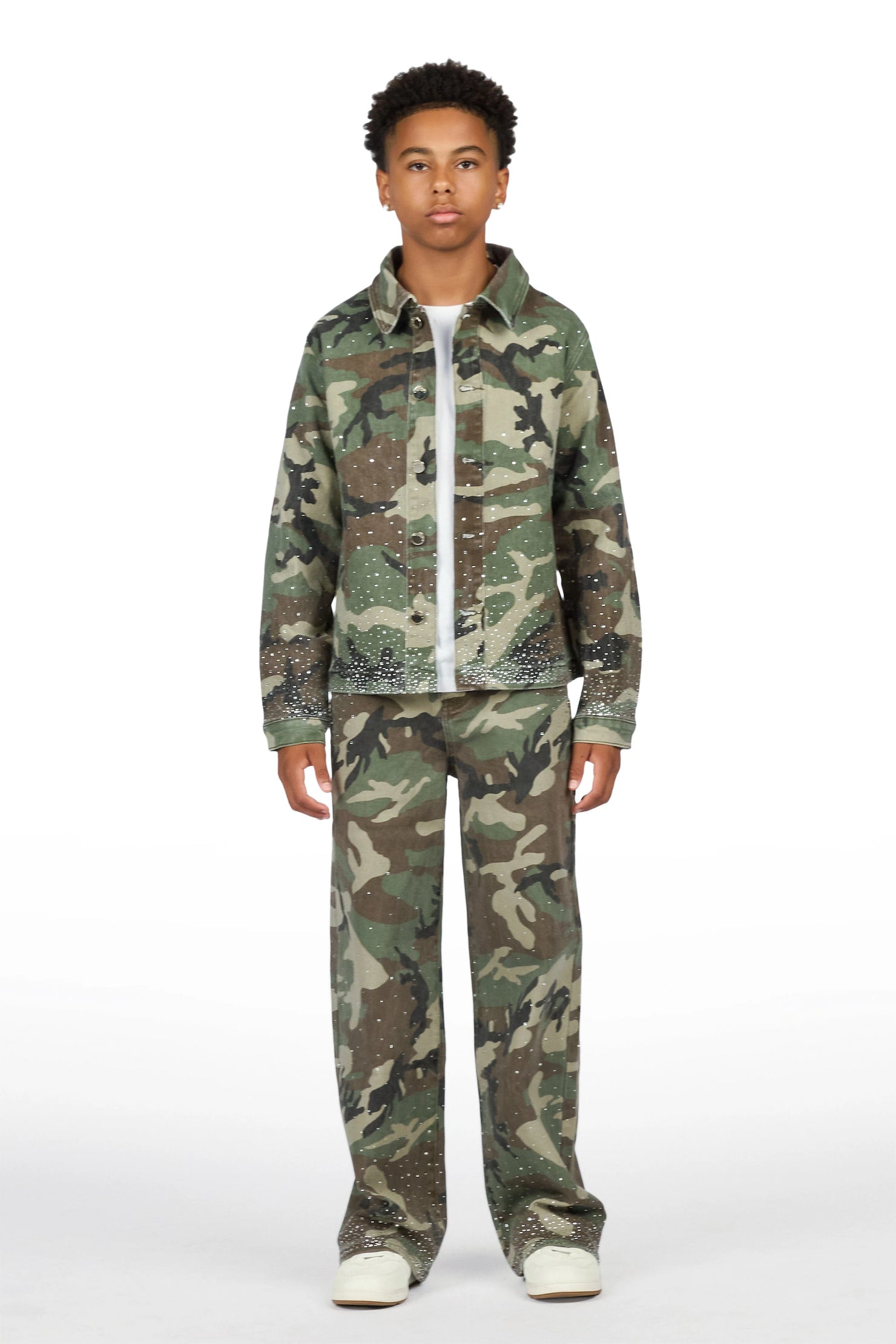 Boys Xyler Green Camo Rhinestone Button Down Shirt/Relaxed Jean Set