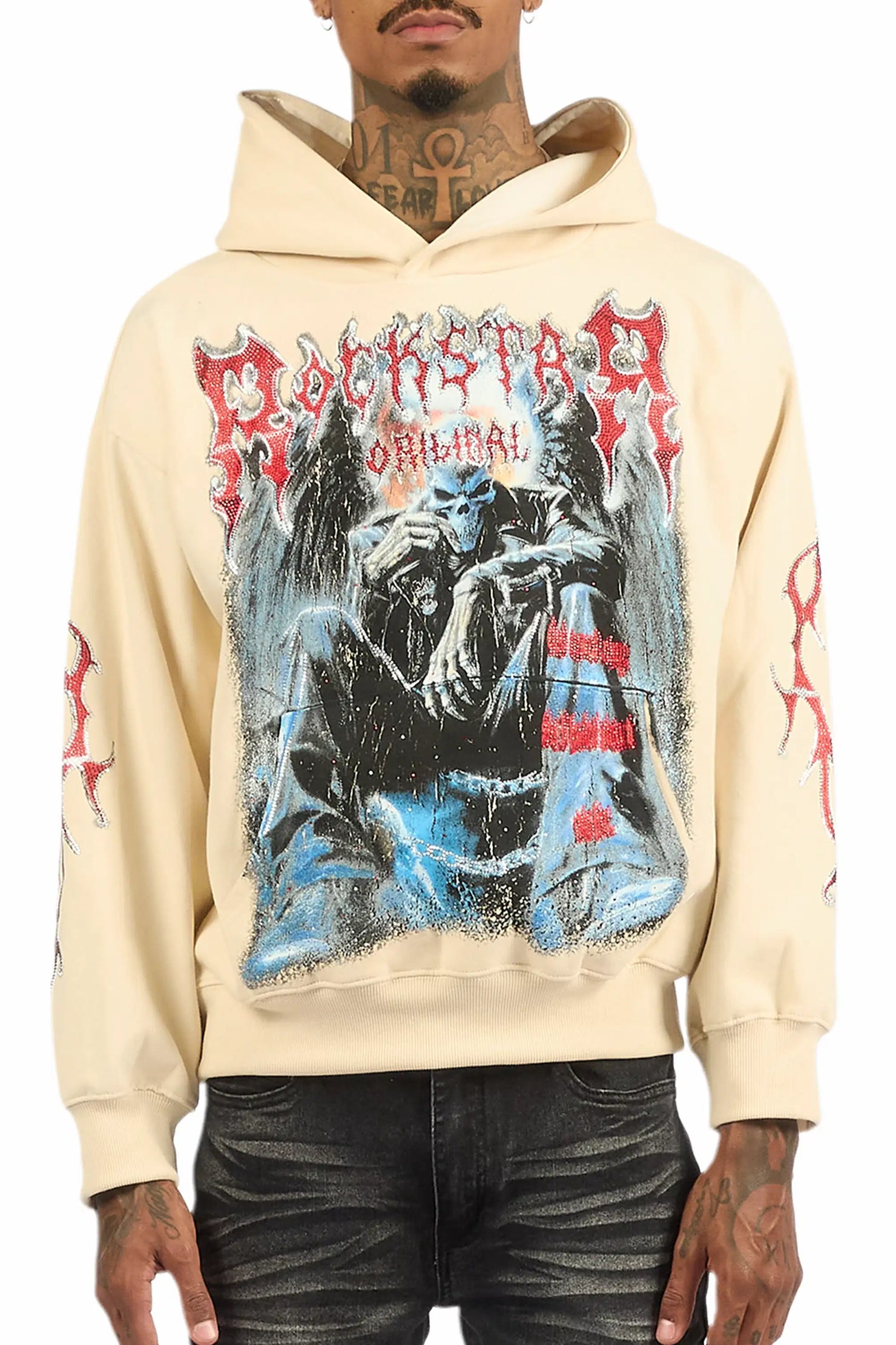 Krowne Beige Rhinestone Oversized Hoodie