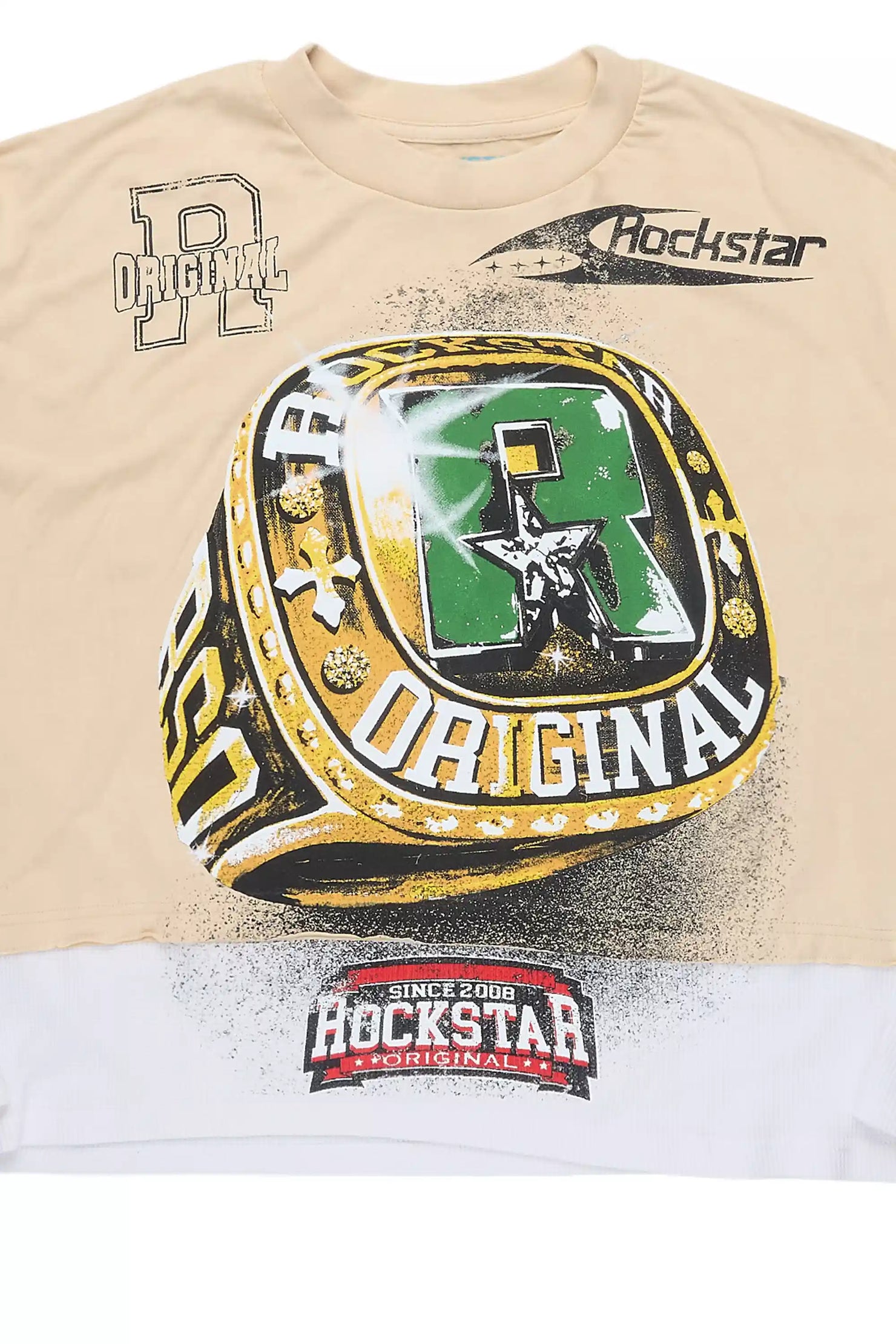 Gemchamp Beige/Red Boxy Crop Double Layer Tee