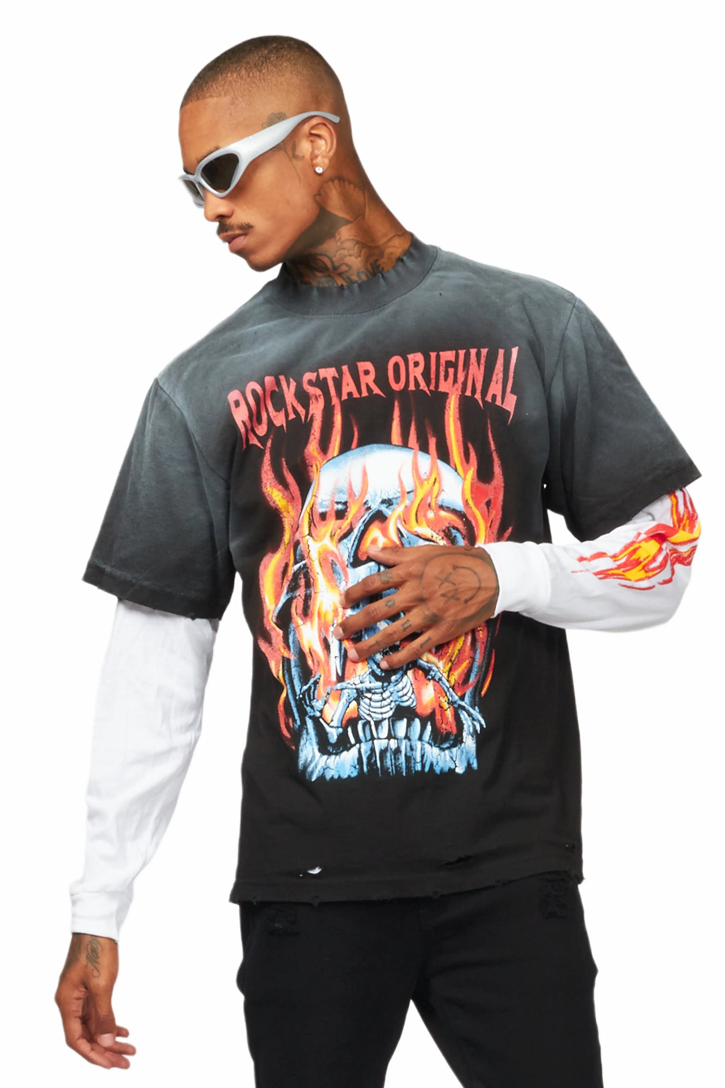 Suspect Black Double Layer Long Sleeve Graphic T-Shirt