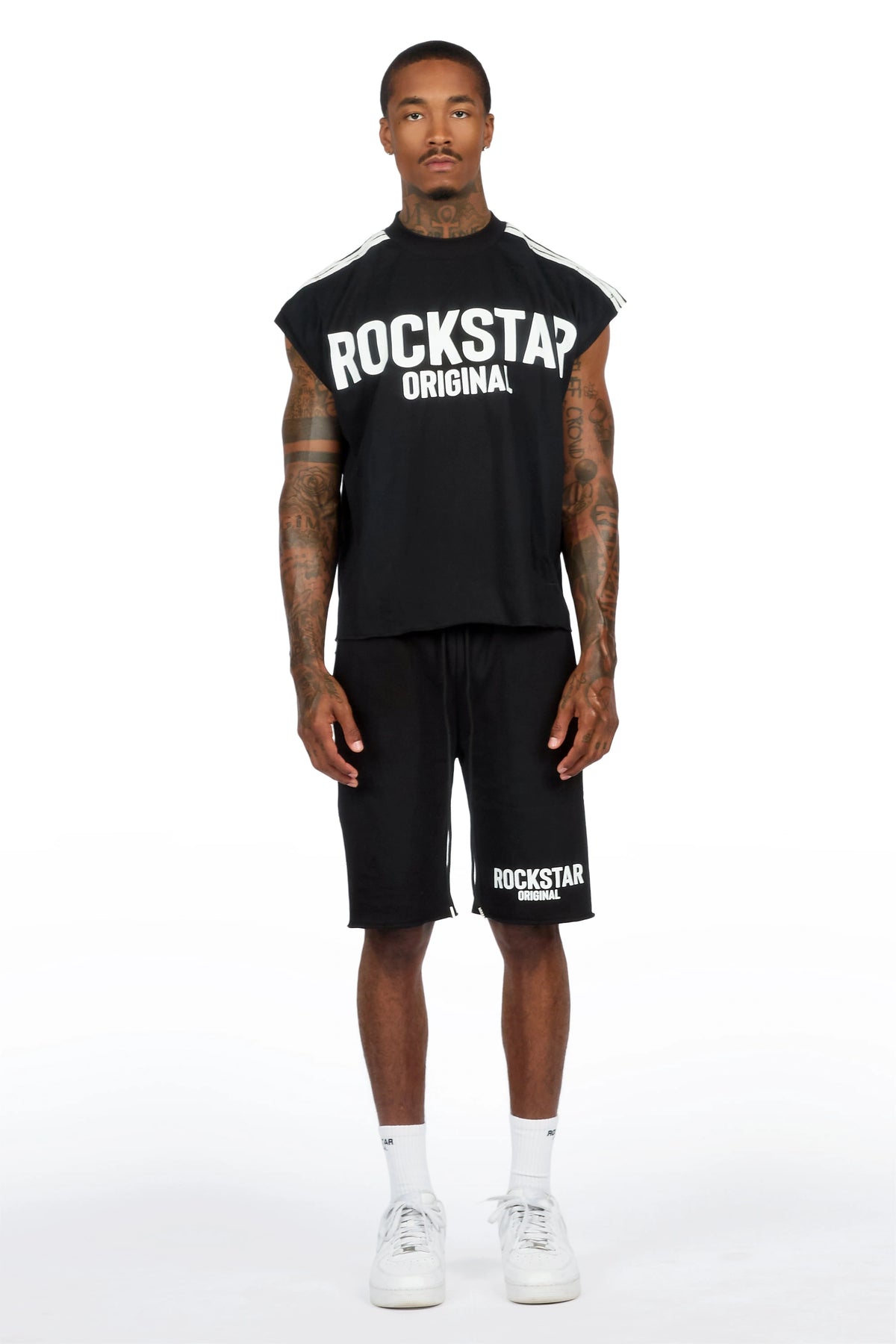 Gulis Black Rhinestone Cut Sleeve T-Shirt Short Set