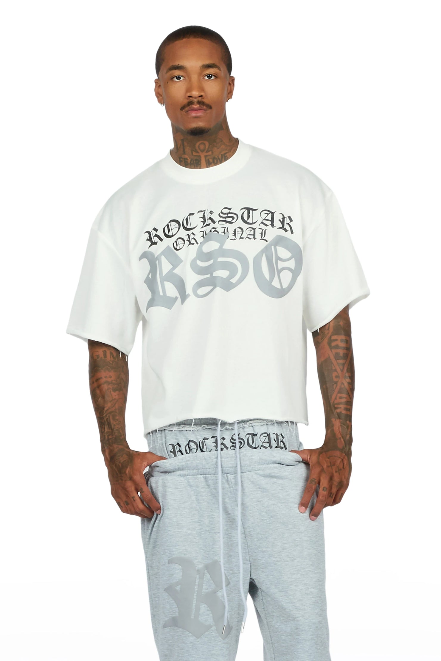 Burke Heather Grey Chenille Patch Boxy Tee/Double Waistband Pant Track Set
