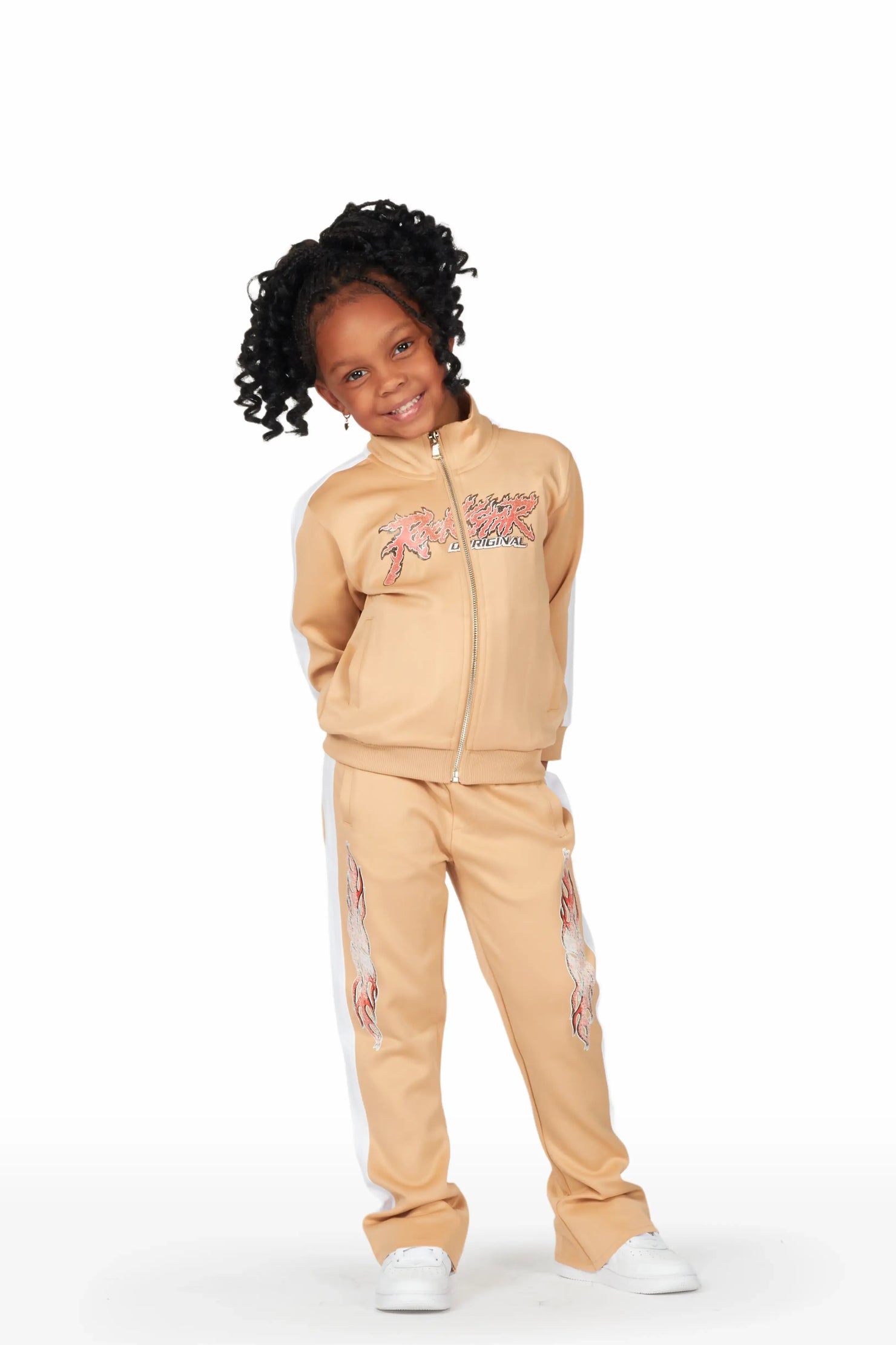 Girls Yashy Beige Tricot Stacked Flare Track Set