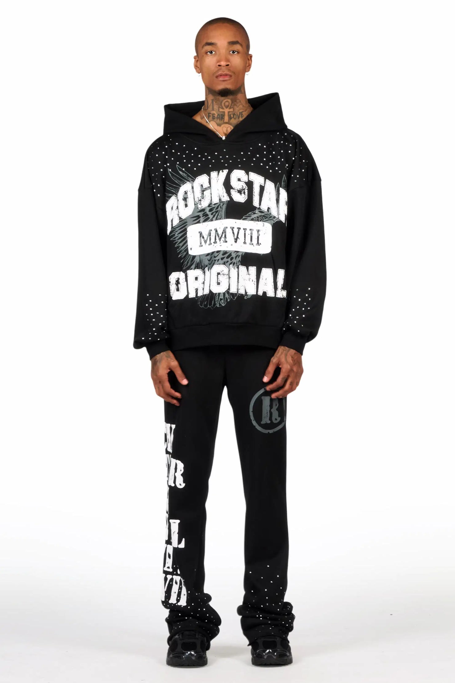 Borya Black Rhinestone Hoodie/Stacked Pant Track Set